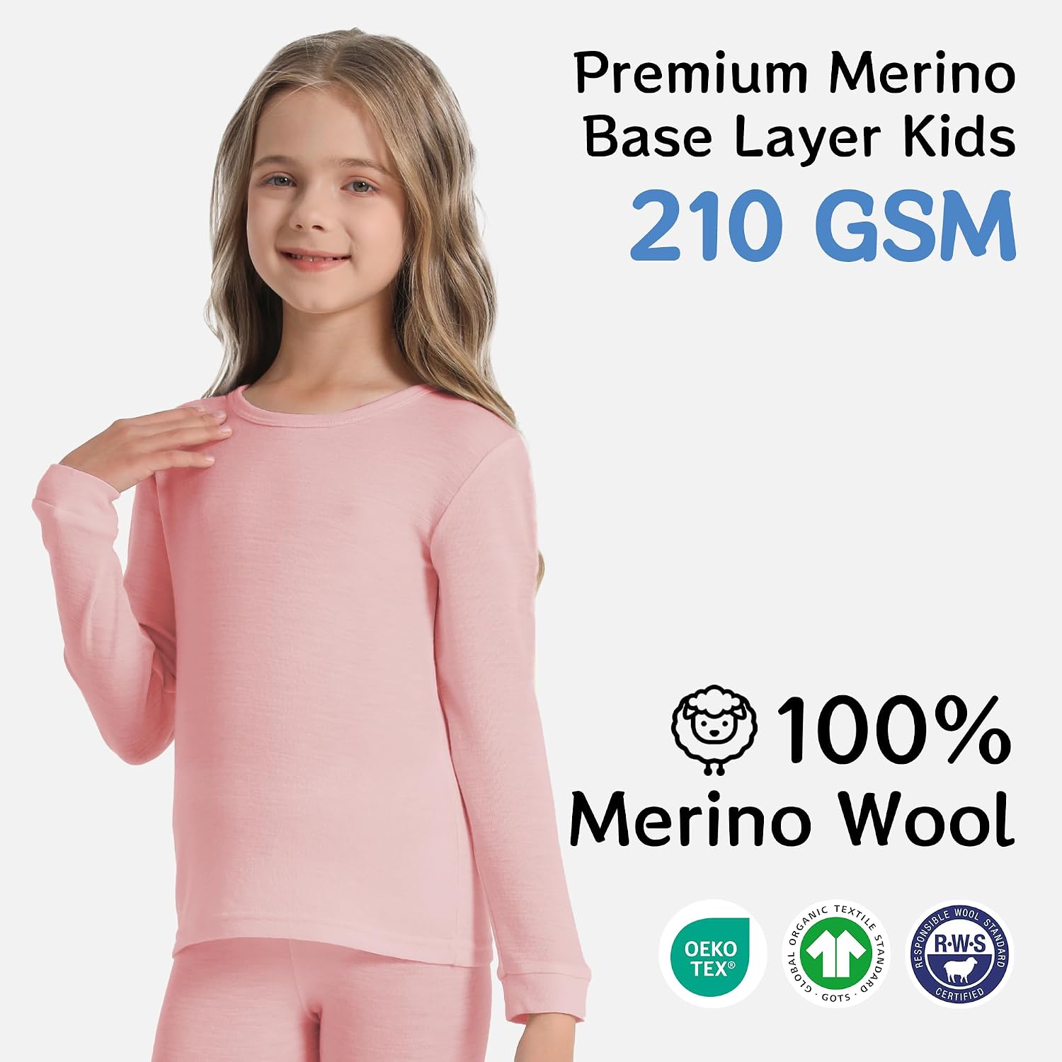 Kids 100% Merino Wool Thermal Base Layer Set, 210gsm