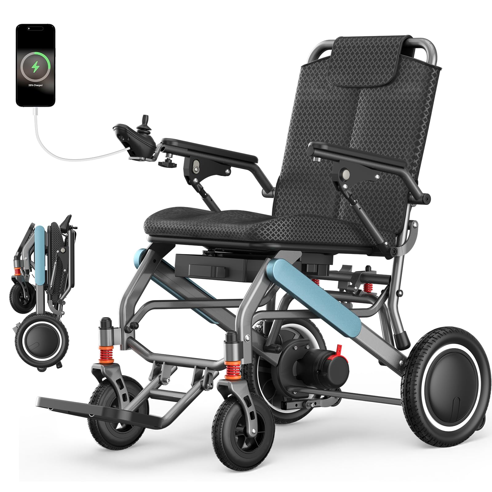 Fauteuil roulant électrique pliable – 15,8 kg, autonomie 20 km, frein électromagnétique, charge 125 kg. Idéal voyages & quotidien. Équipé de pneus caoutchouc 30 cm adaptés tous terrains.
