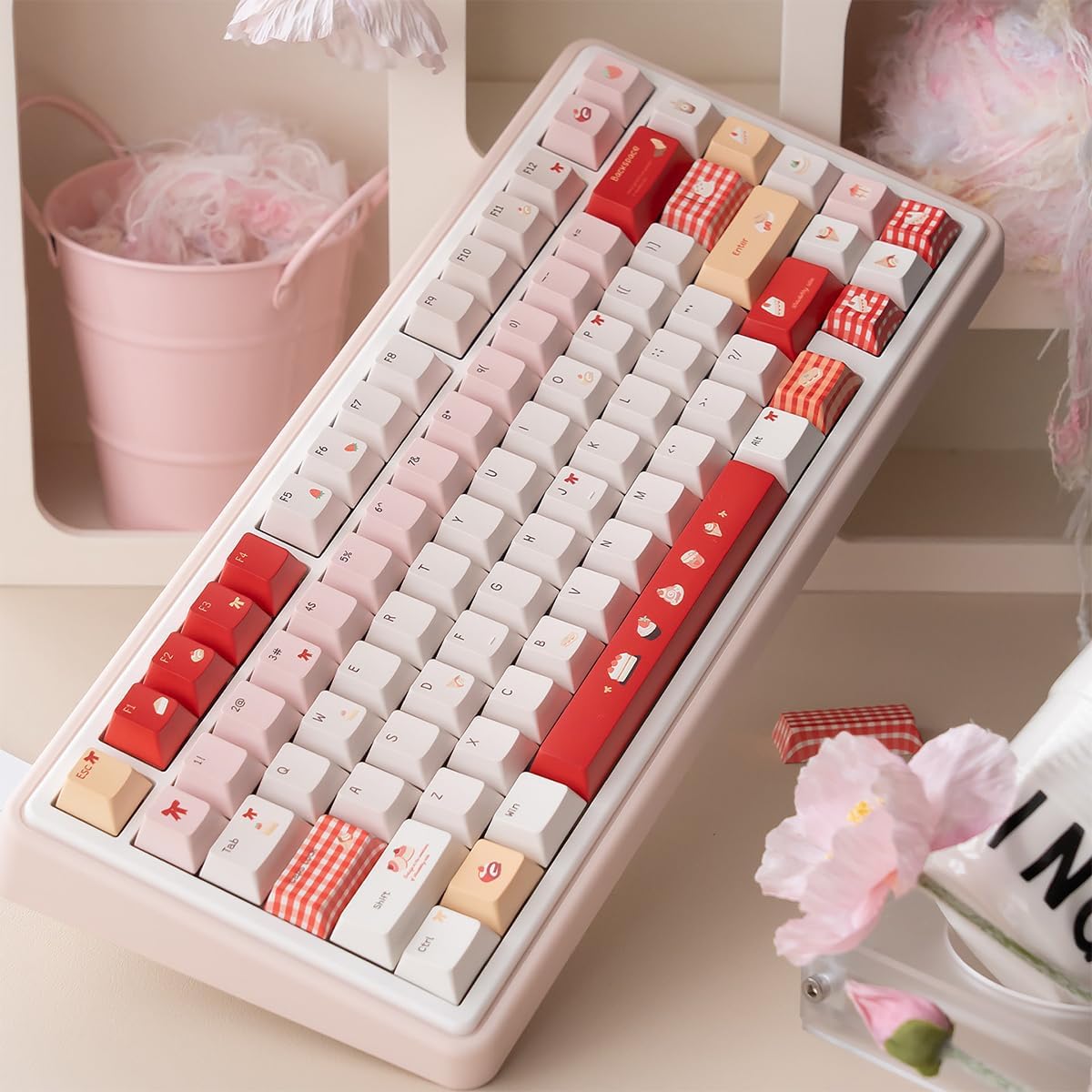 Gliging PBT Keycaps, Cute Red Cherry Profile Keyboard Caps Set 136 Keys