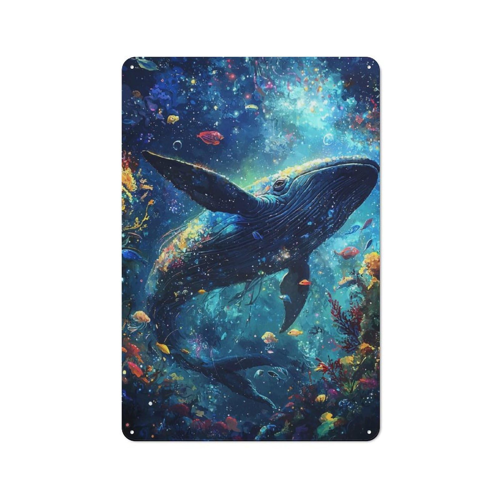 Junmoney Whale In A Starry Sea Tin Wall Plaque 30X20cm With For Garage Or Workshop, For An Autumn Wall Display In Garage And Workshop