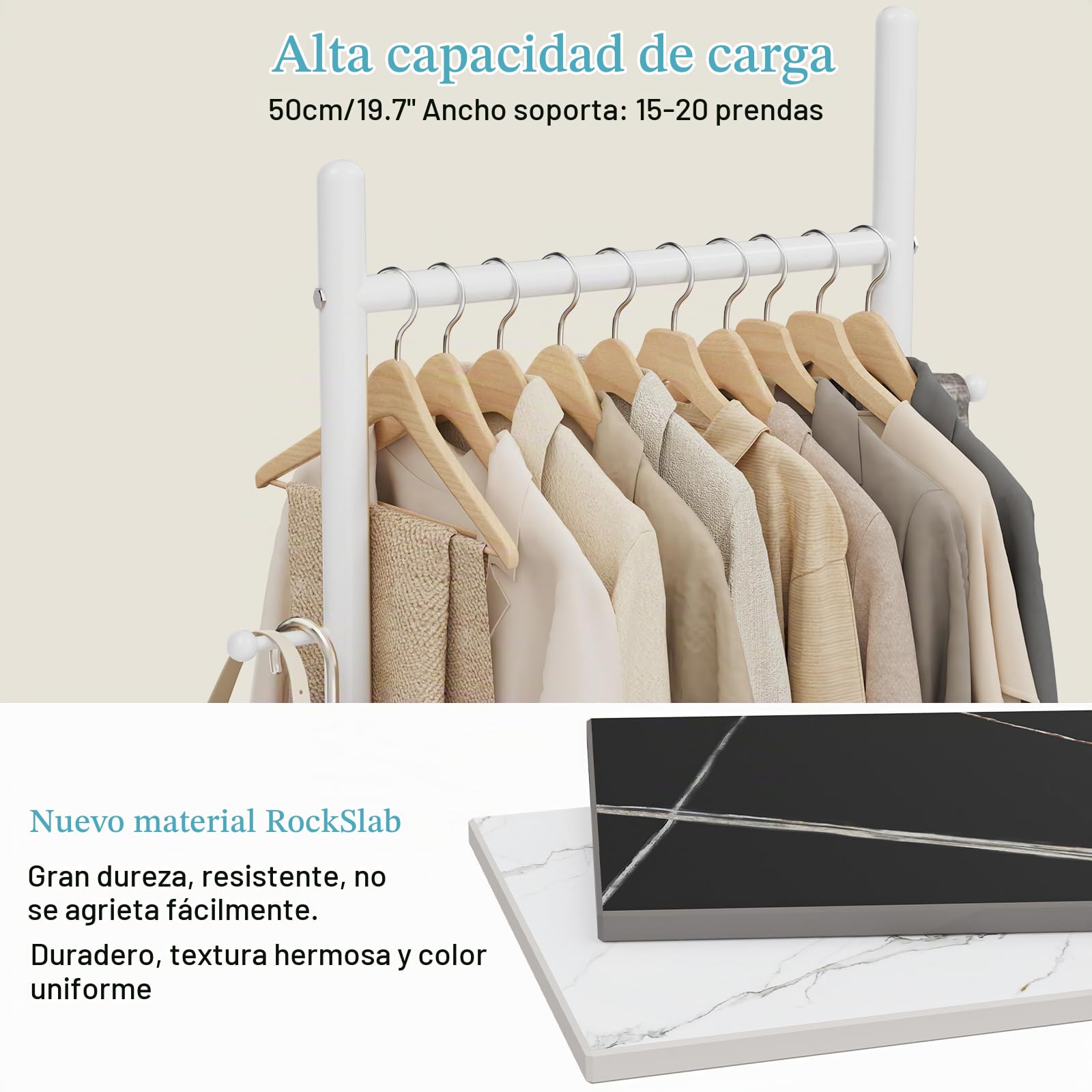OUTBORS Metall Perchero de Pie, Burro para 50x30x175 cm, Blanco | Gran Perchas Independientes Moderno con Placa Inferior de Roca Gruesa y 2 Ganchos, Bastidor resistente