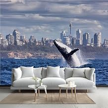 Peel and Stick Wallpaper Breaching Humpback Whale Sydney Skyline Vinyl Wall Mural Self-Adhesive Wall Decal Removable Removable Easy to Cut Waterproof Sticker 69" x 96"