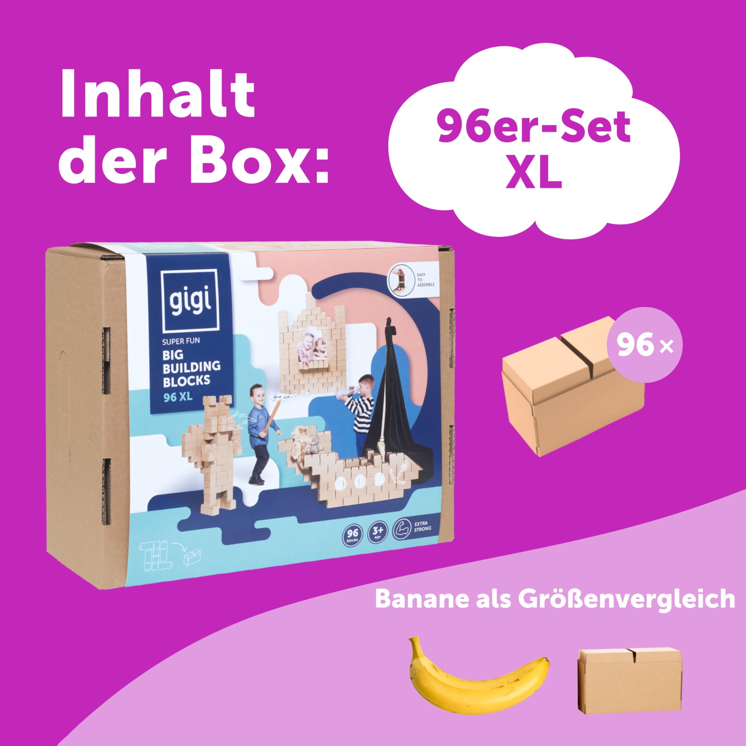 Gigi Bloks XL Gr. 96 Stapelbare und Ineinandergreifende Große Bausteine Kinder | Robuste Klemmbausteine & Leicht Montierbare Bauklötze Groß | Konstruktionsspielzeug für Jungen & Mädchen