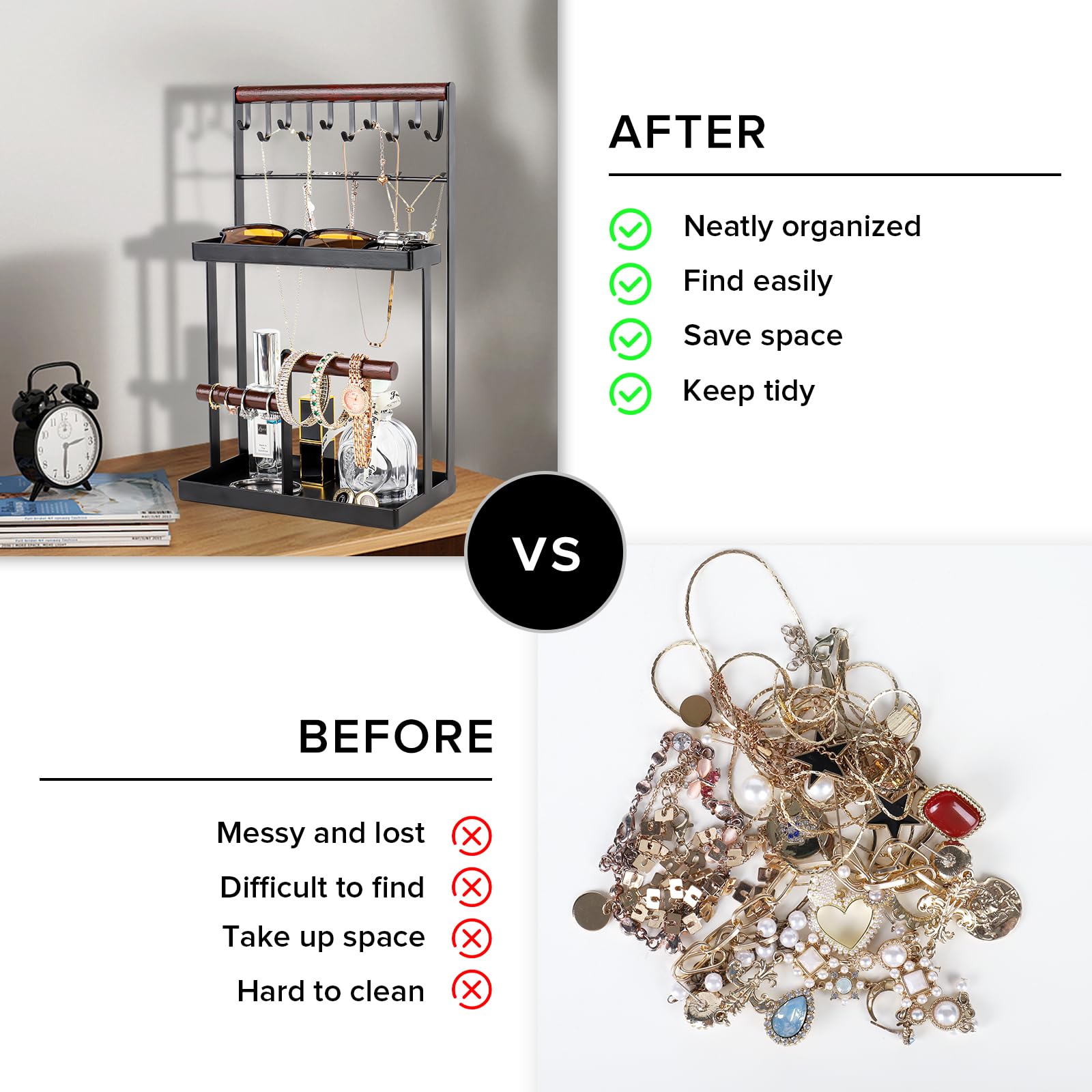 MingsunTan Jewelry Holder Organizer, 6Tier Jewelry Holder Necklace Stand with Tower Rack and 15 Hooks, Jewelry Stand for Displaying Necklaces, Bracelets, Earrings, Rings-Black