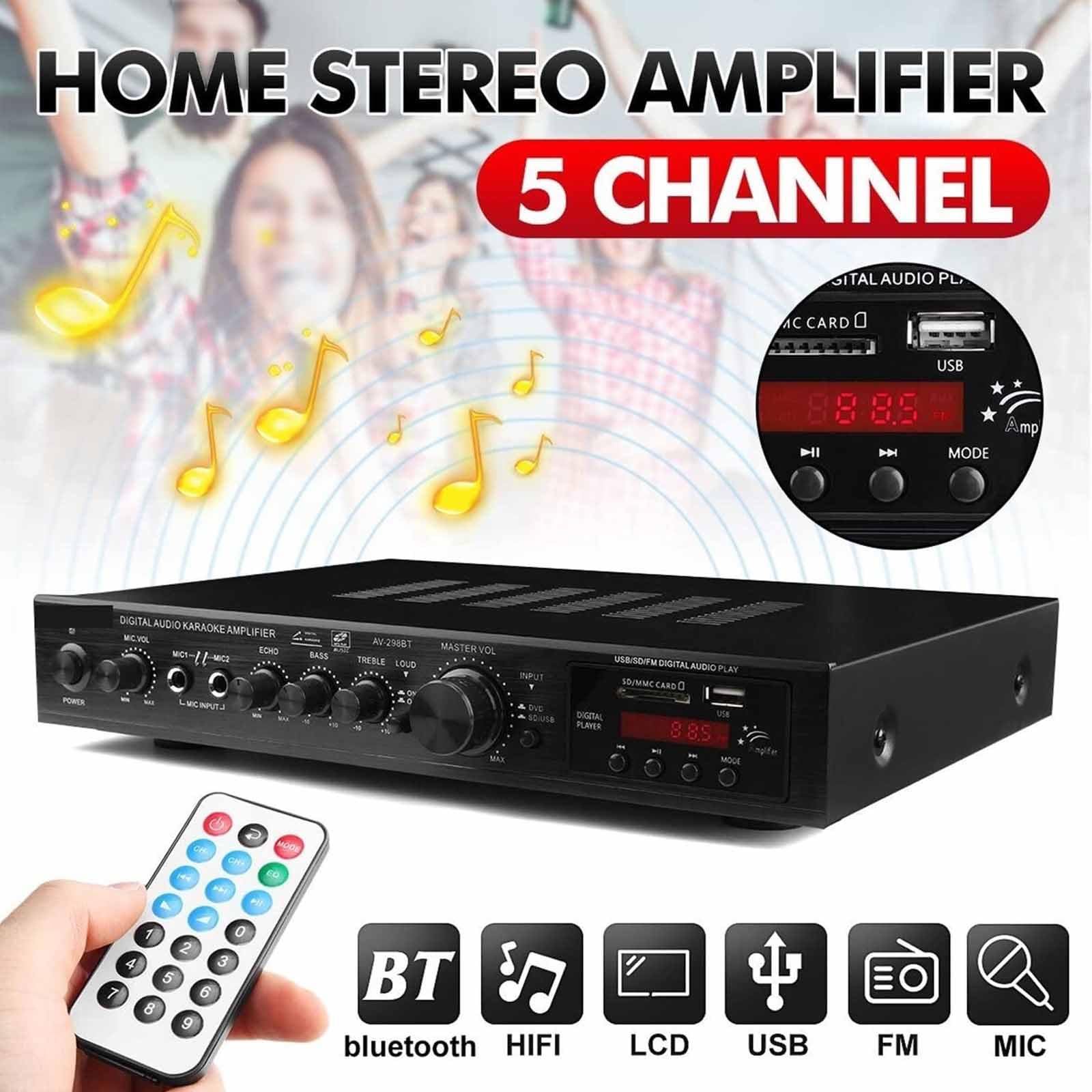 Amplificatore Home Theater A 5 Canali con Antenna, Riproduzione USB, Radio FM, Telecomando, Equalizzatore Audio Surround, Volume Regolabile, Multi-Room E Film (Nero),Black