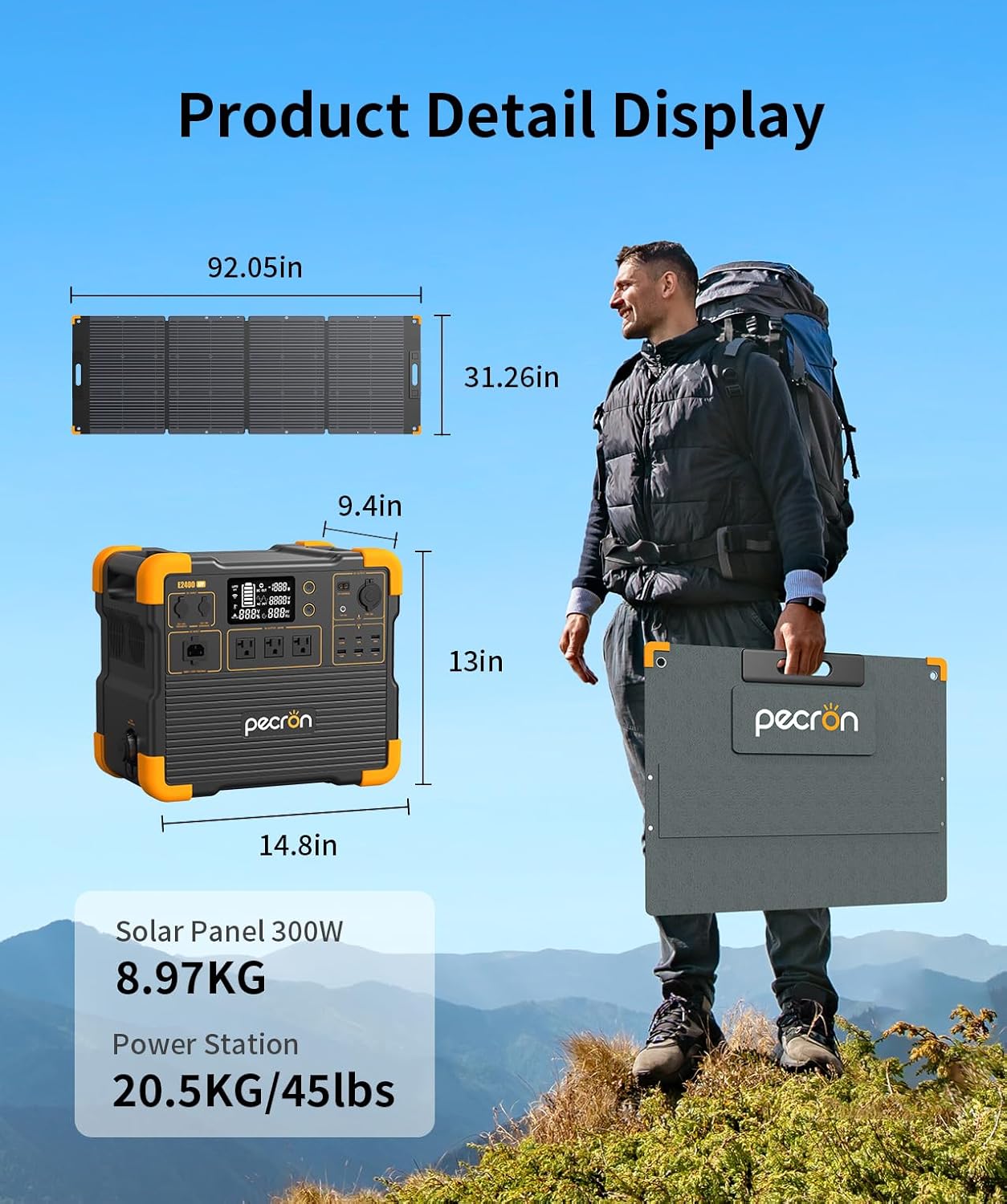 Pecron E2400LFP power station and 300W solar panel with dimensions indicated.