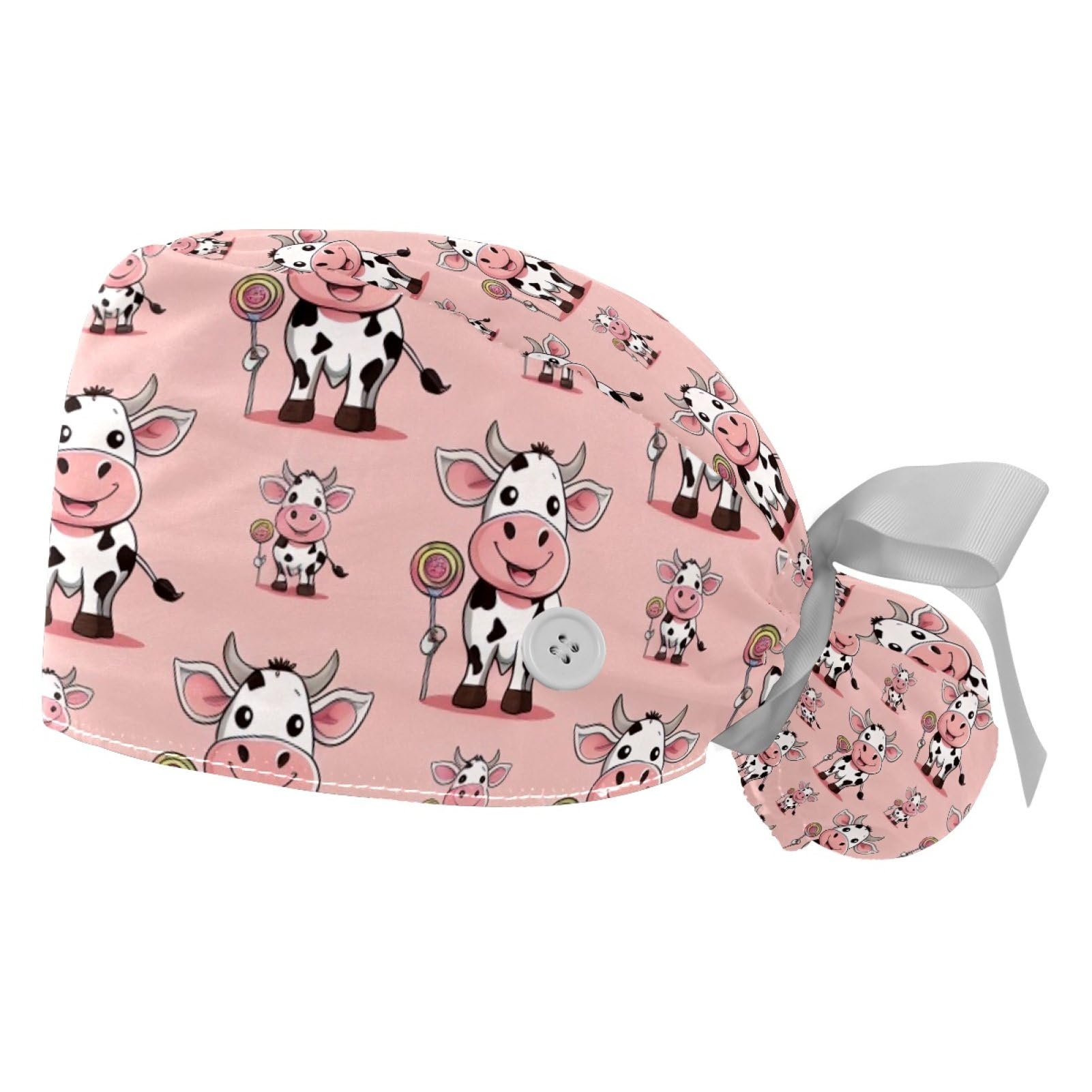 2 PCS Bouffant Cap with Button Ponytail Pouch Working Cap Sweatband Adjustable Surgical Cap Black and White Cow