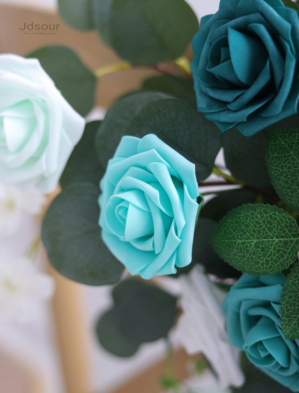 25pcs Artificial Flower,Real Looking Foam Roses w/Stem for DIY Wedding Bouquets Centerpieces Bridal Shower Party Decor-Shades of Teal Green - Image 3