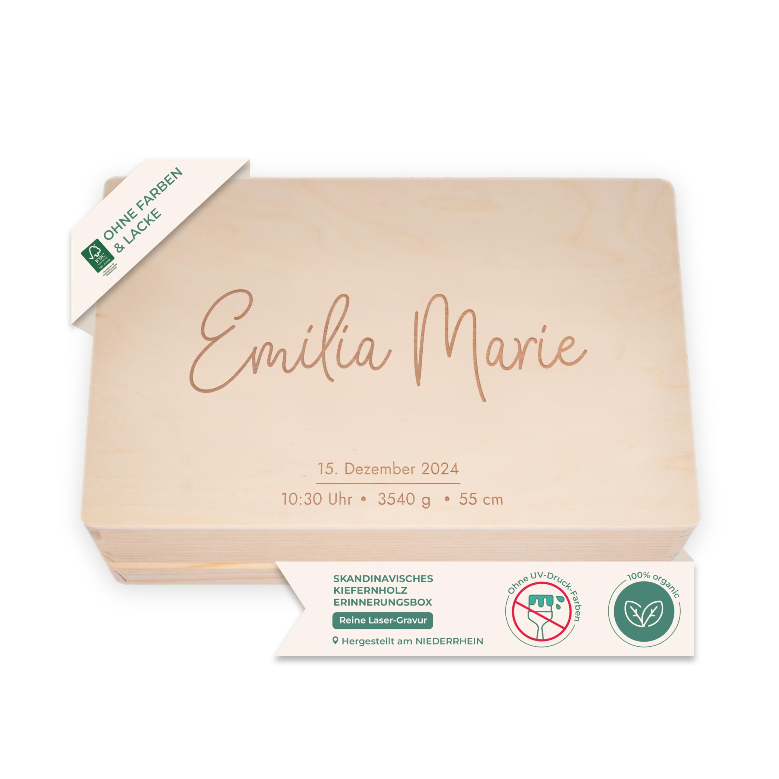 LAUBLUST Erinnerungsbox Baby Personalisiert - Geschenk zur Geburt mit Name | Niers - Kinder Erinnerungskiste Holz für Mädchen & Jungen | Holzkiste Natur oder Weiß - FSC® (Größen S, M, L, XL)
