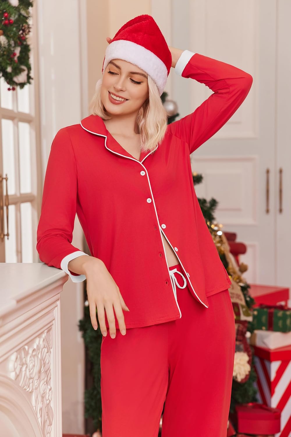 Ekouaer Pajamas for Women Set Long Sleeve Loungewear Soft Button Down Lounge Sets with Pockets Nightwear S-XXL - Image 5