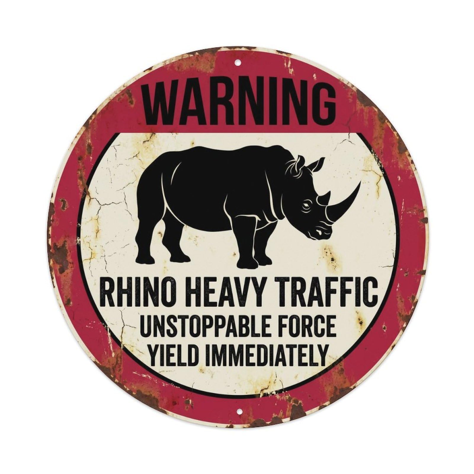 Retro Rhino Heavy Traffic Vintage Metal Tin Sign Plaque Wall Decor for Cafe, Club, Garden Round Metal Poster 8x8Inch