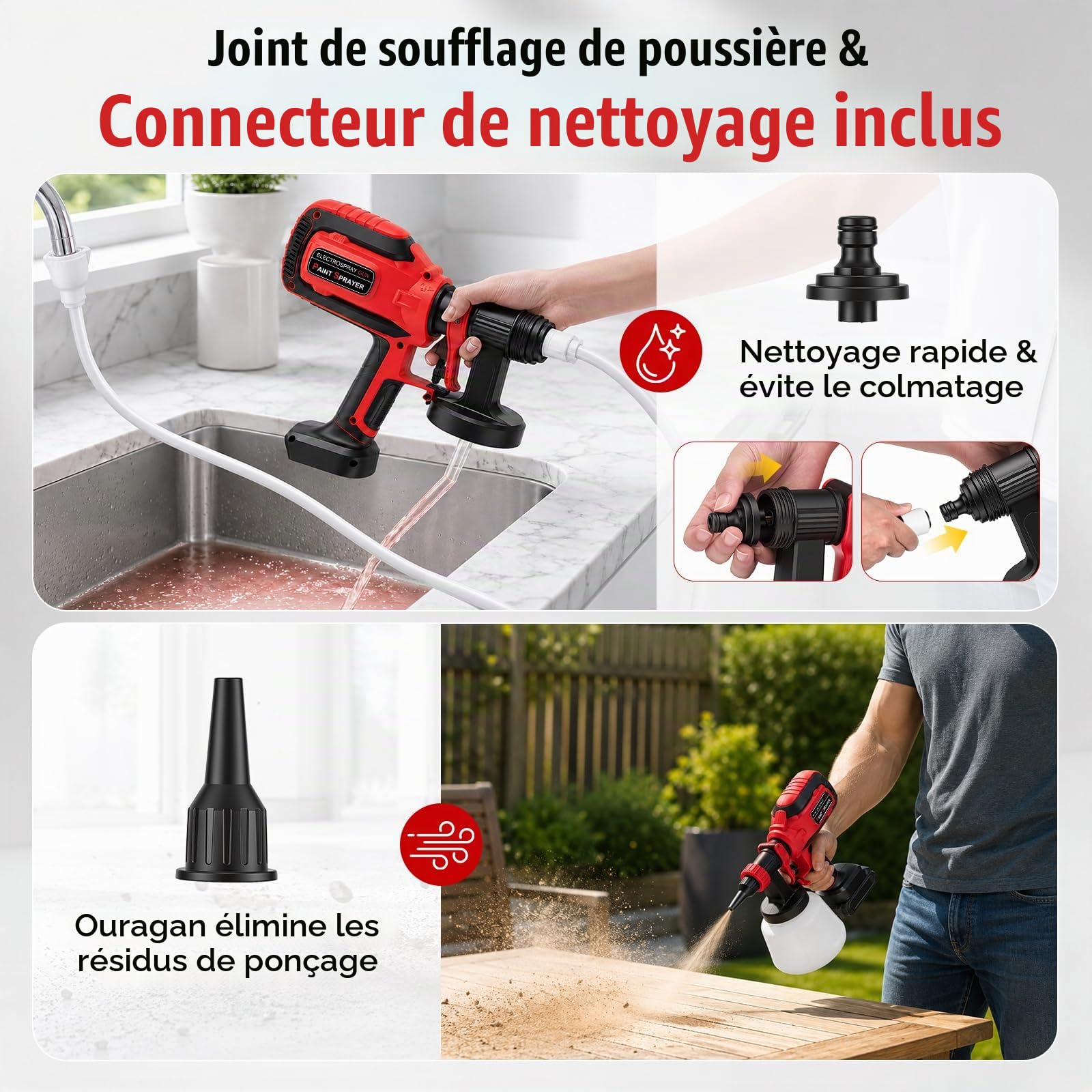 Pistolet à Peinture sans Fil 21V HVLP 800 ML/Min avec 5 Buses, Réservoir 1200 ML & 2 Batteries – 3 Modes de Pulvérisation pour Meubles, Clôtures, Portes & Bricolage