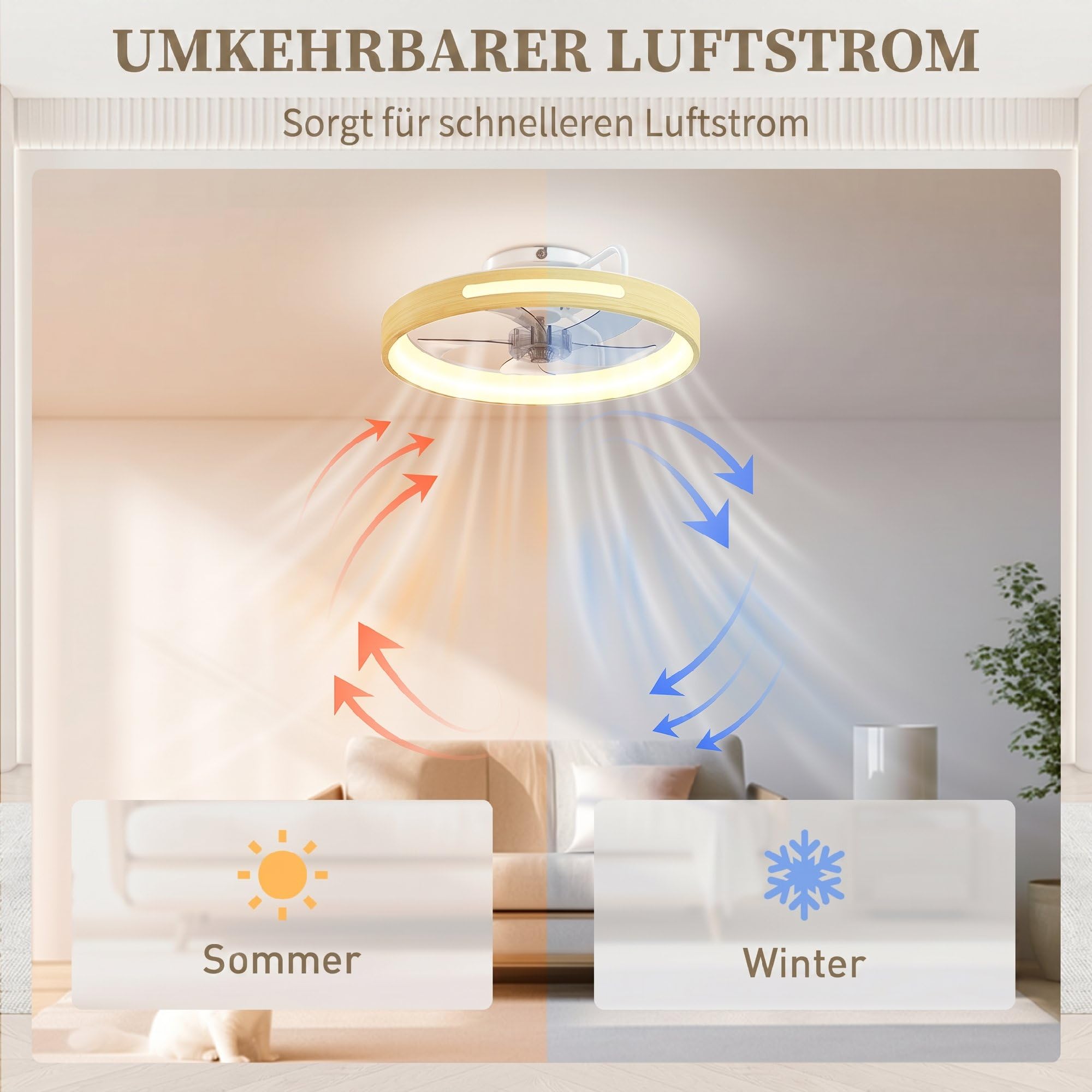 HOMCOM Deckenleuchte mit Ventilator, Ø49 cm Leise LED Deckenventilator mit Beleuchtung, Fernbedienung, 6 Geschwindigkeiten, 3 Farbtemperaturen, umkehrbarem DC-Motor, Timer für Wohnzimmer, Schlafzimmer