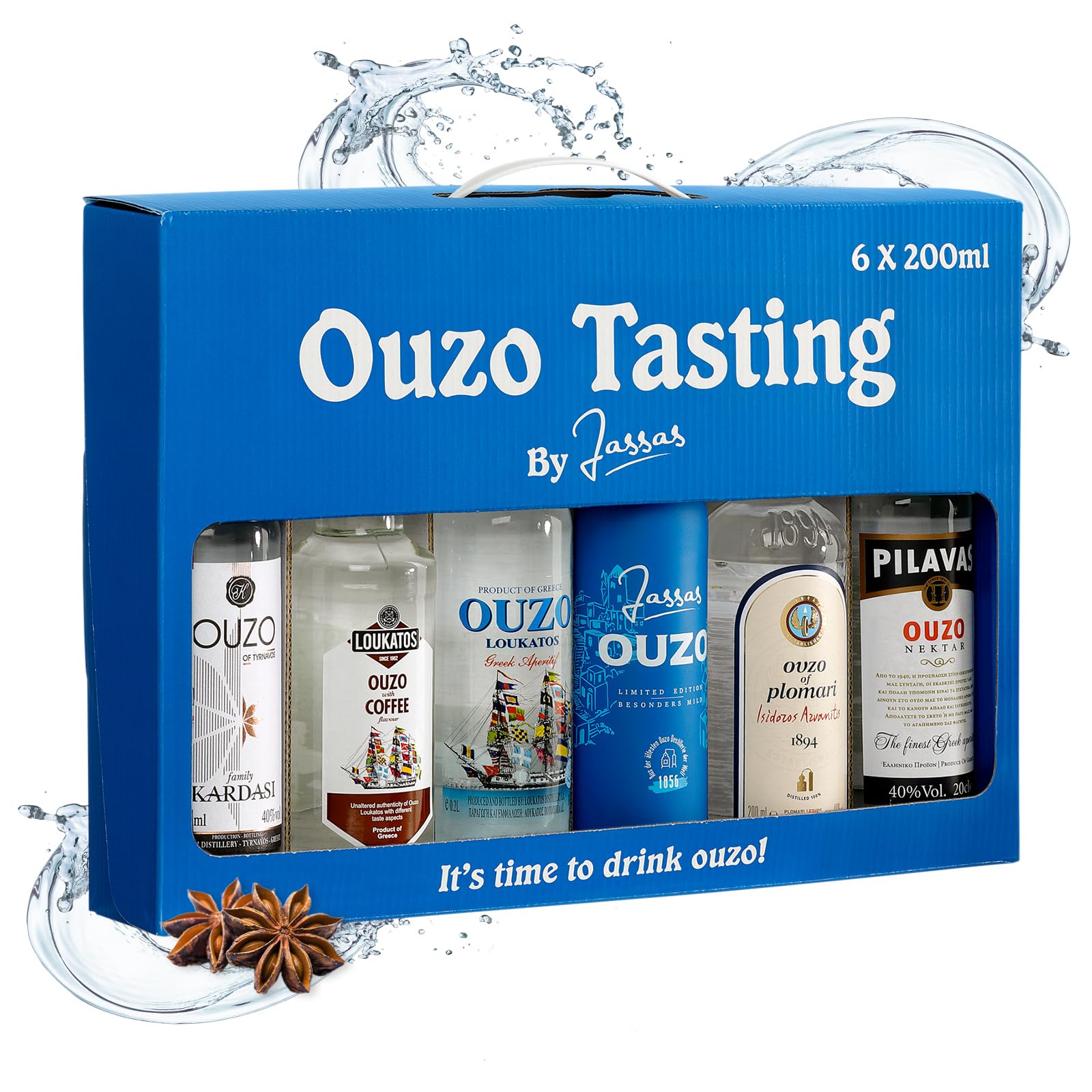 Jassas Ouzo Tasting Set 6x200ml Variante 1 - Probierset mit 6 Sorten - feinste Spirituosen in praktischer Geschenkbox - traditioneller Familienbetrieb