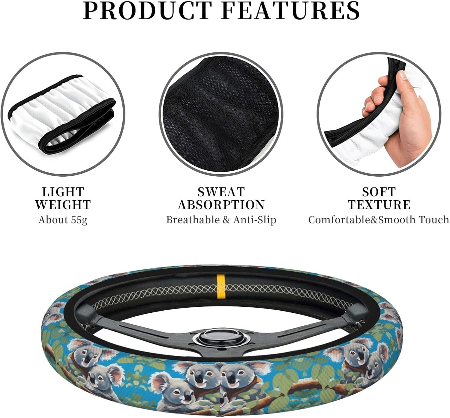 Two Cute Koalas Universal Steering Wheel Cover for Cars, Steering Wheel Protective Cover, Double-Layer Thickened Steering Wheel Cover (15 inches in Diameter),