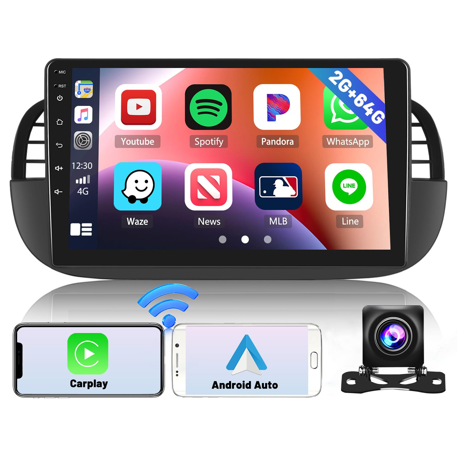 Hikity - Autoradio Android 15 Pour Fiat 500 2007-2015 - Écran Tactile 7" - 2 Go RAM / 64 Go ROM - CarPlay/Android Auto Sans Fil - GPS, WiFi, Bluetooth + Caméra De Recul - 2