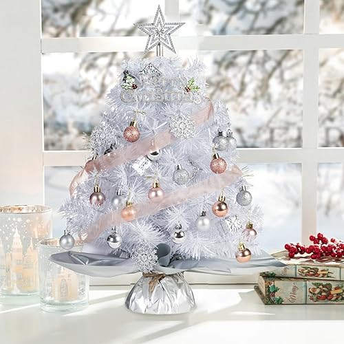 Miniatura 5 de Mini árbol de Navidad blanco de 20 pulgadas mini árbol de Navidad artificial con luces árbol de Navidad de mesa con estrella árbol de nieve cajas de