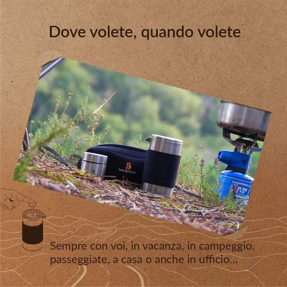 Handpresso Travel Press | Caffettiera portatile "outdoor" con caffè box y borsa | French Press di viaggio in acciaio inossidabile a doppia parete | 0,35 litri (2/3 tasse) | filtro di ricambio