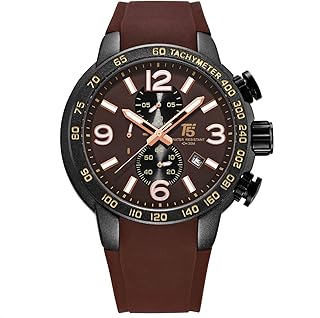 تي فايف ساعة رجالية كرونوجراف مطاطي H3450G-I انالوج بعقارب بمينا بنى بسوار بني