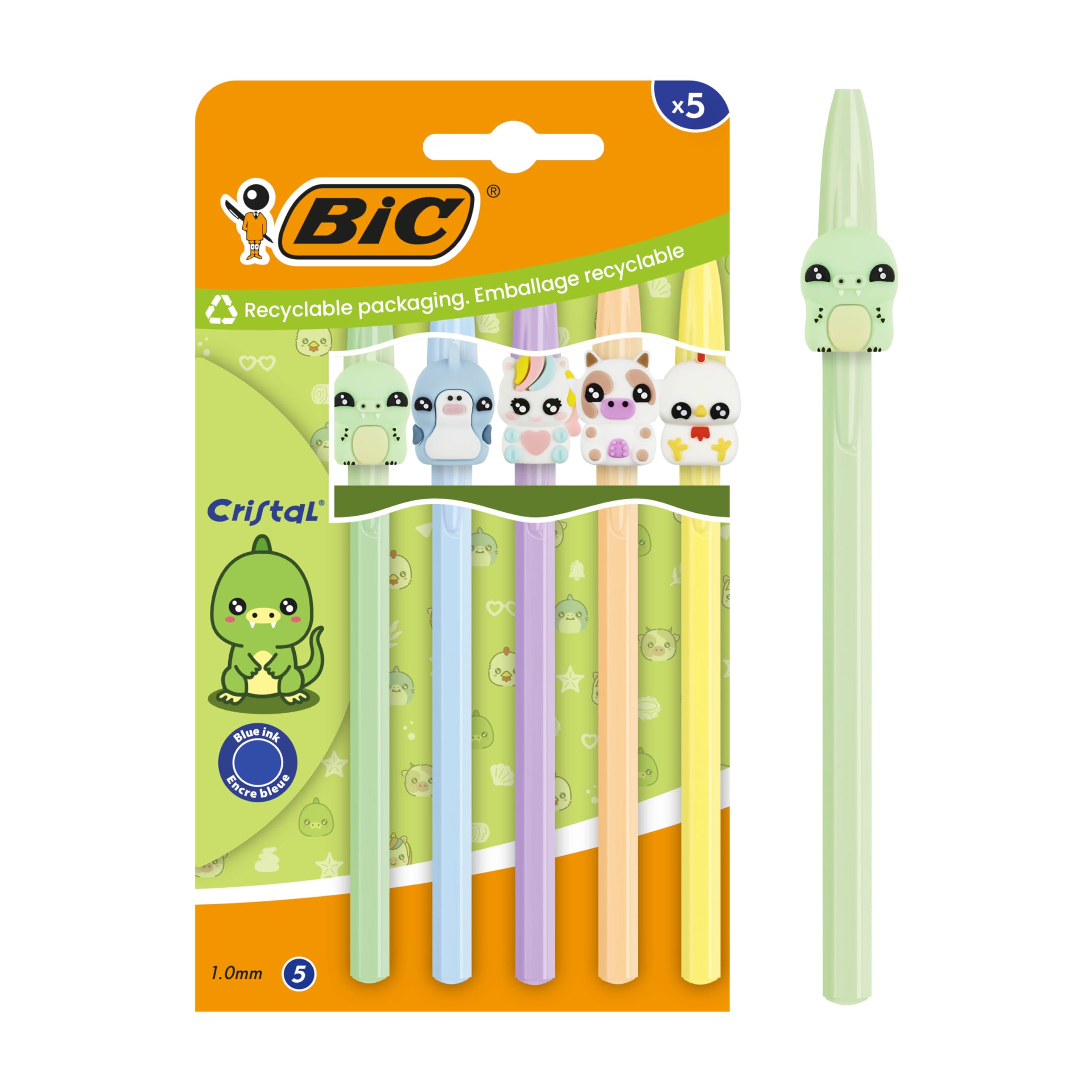 BIC Cristal Pastel Figurines Ball Pens Medium Point (1.00 mm) Blue Ink - 5 Assorted Characters and Barrel Colours, Cardboard Pack of 5