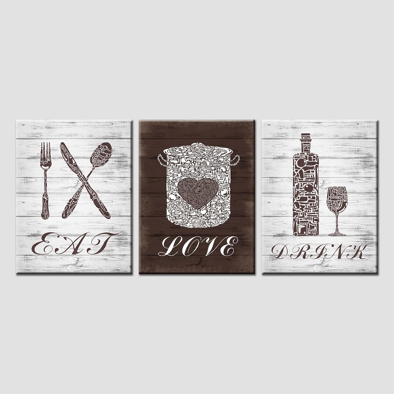 NutArtPic Rustic Dining Room Decor Eat Love Wall Art Brown Kitchen Pictures Vintage Restaurant Decoration 12''x16''x3pcs