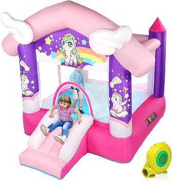 JOYMOR Pink Inflatable Bounce House with Slide, Unicorn Theme Princess, for Girls Outdoor and Indoor Use, Pink Bounce House for Kids 3-6 Blower Included