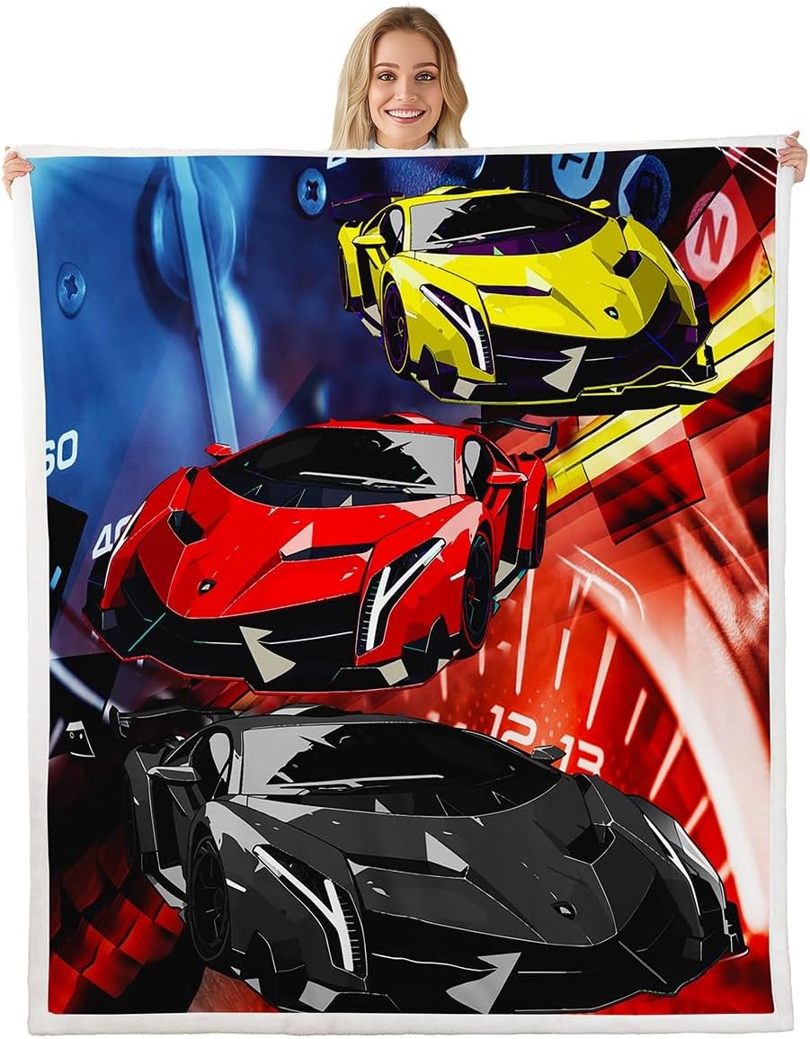 Race Sports Car Plush Fleece Throw Blanket - Extreme Sports Theme Sherpa for Couch Bed Sofa Decor - Automobile Style Cool Fuzzy Queen Size 90"x90"