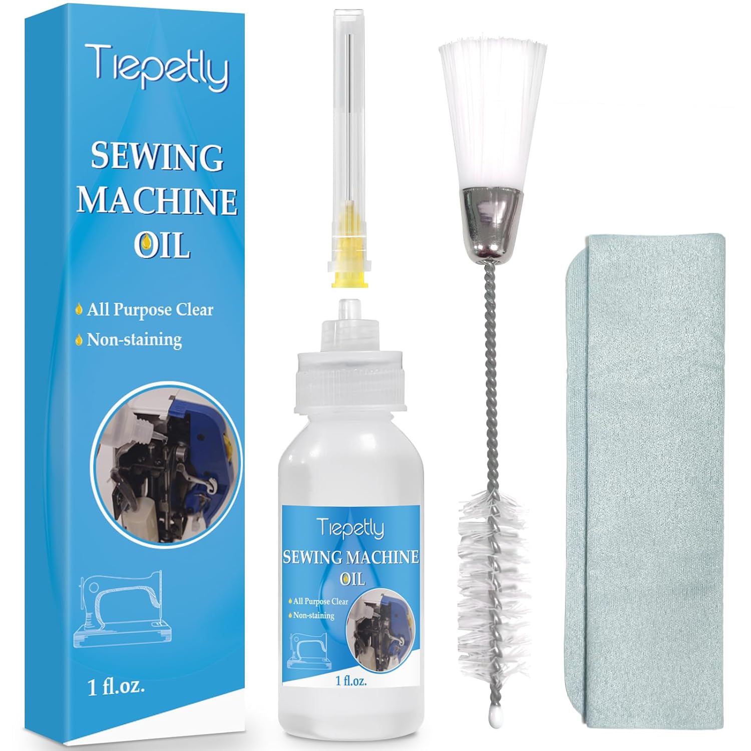 Sewing Machine Oil with Needle Tip and Double Head Brush, Universal Clear Lubricanting Oil for Most Light Machine, 1FL.OZ.