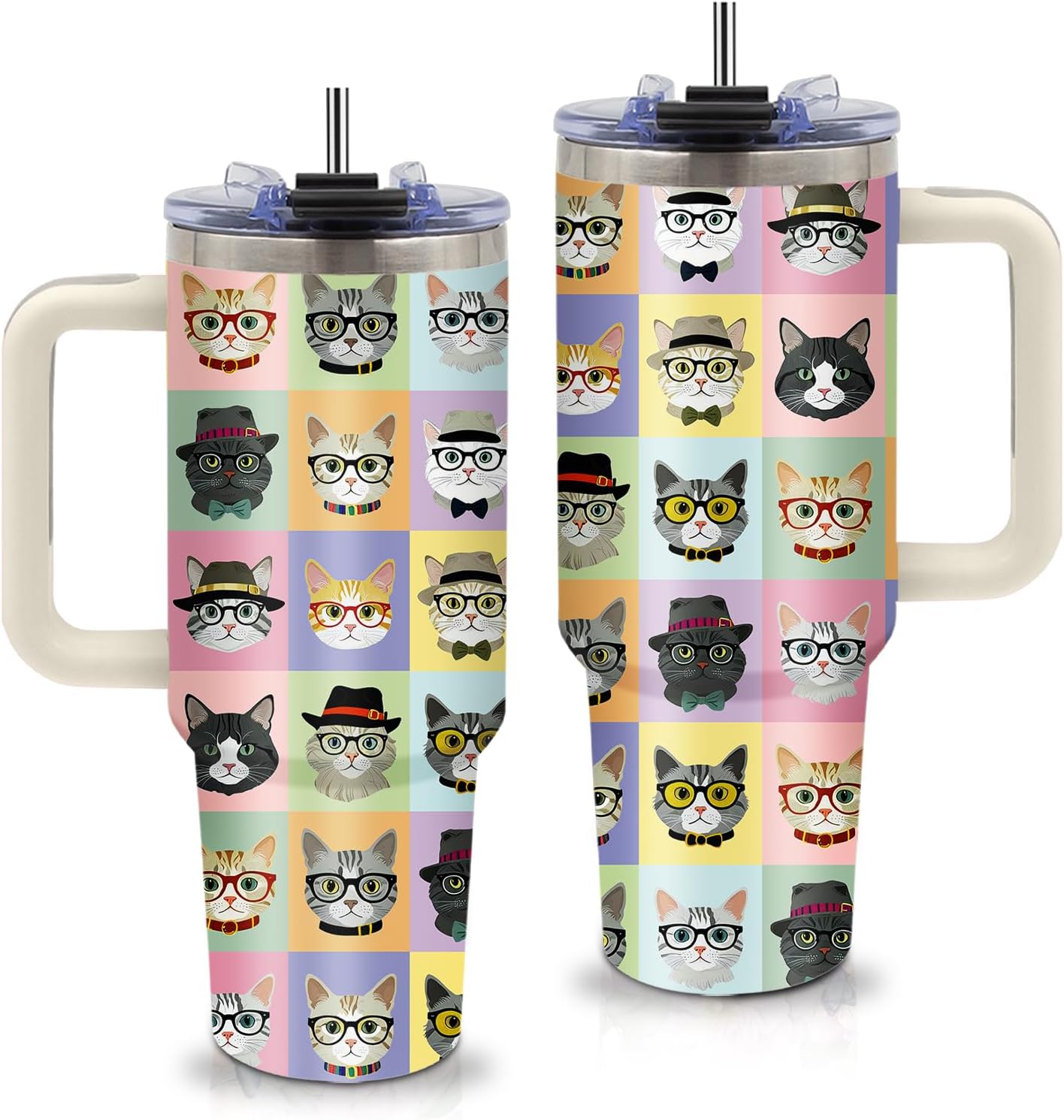 xiiai Cat Lover Gifts - Funny Cat Tumbler 40oz with Handle and Straws, Leak-proof, Stainless Steel Insulated Travel Coffee Mugs for Cats Themed Cups, Animal Cats Lovers Pet Mom Birthday Gifts