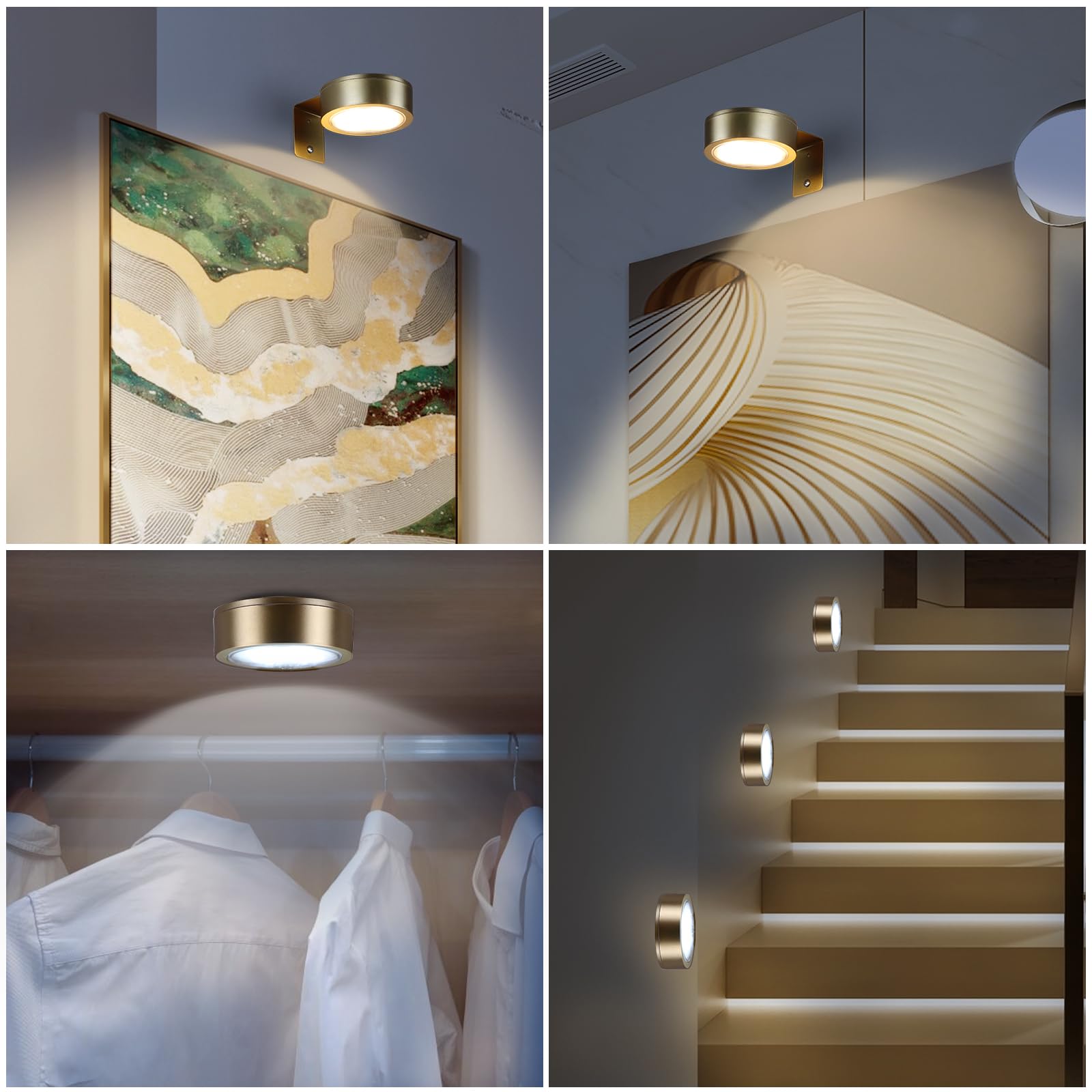 Confezione da 4 luci wireless da parete, ricaricabili, a batteria, con telecomando, dimmerabili, per esposizione artistica, luci da parete a batteria per bersaglio per freccette, cornici per foto,