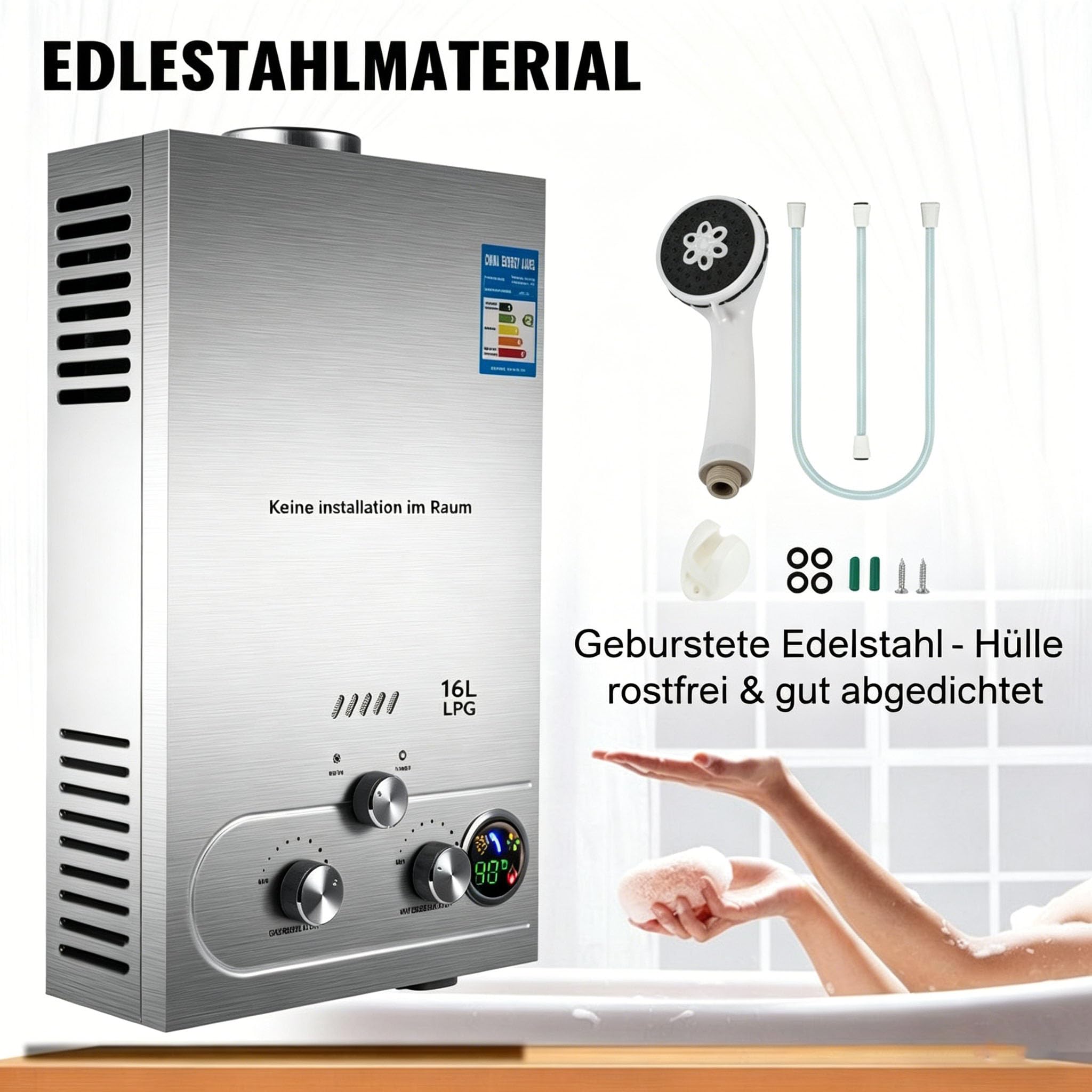 Gas Durchlauferhitzer 16L,Propan-Wassererhitzer ohne Tank, Flüssiggas-Wassererhitzer,Propangas-Durchlauferhitzer, für Wohnmobile, Camping, Haushalt (16 L 32KW)