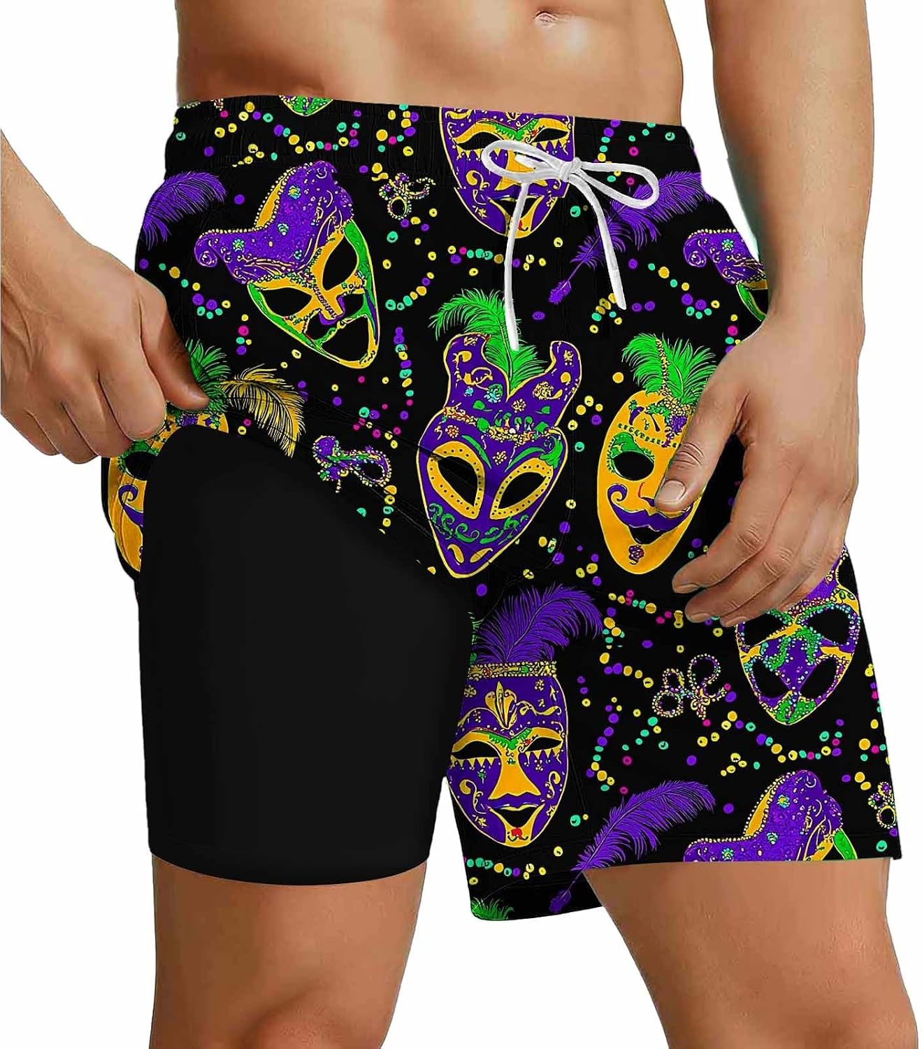 Men's Beach Printed Swim Trunks Big and Tall Hawaiian Bathing Suit with Compression Liner Elastic Waist Board Shorts