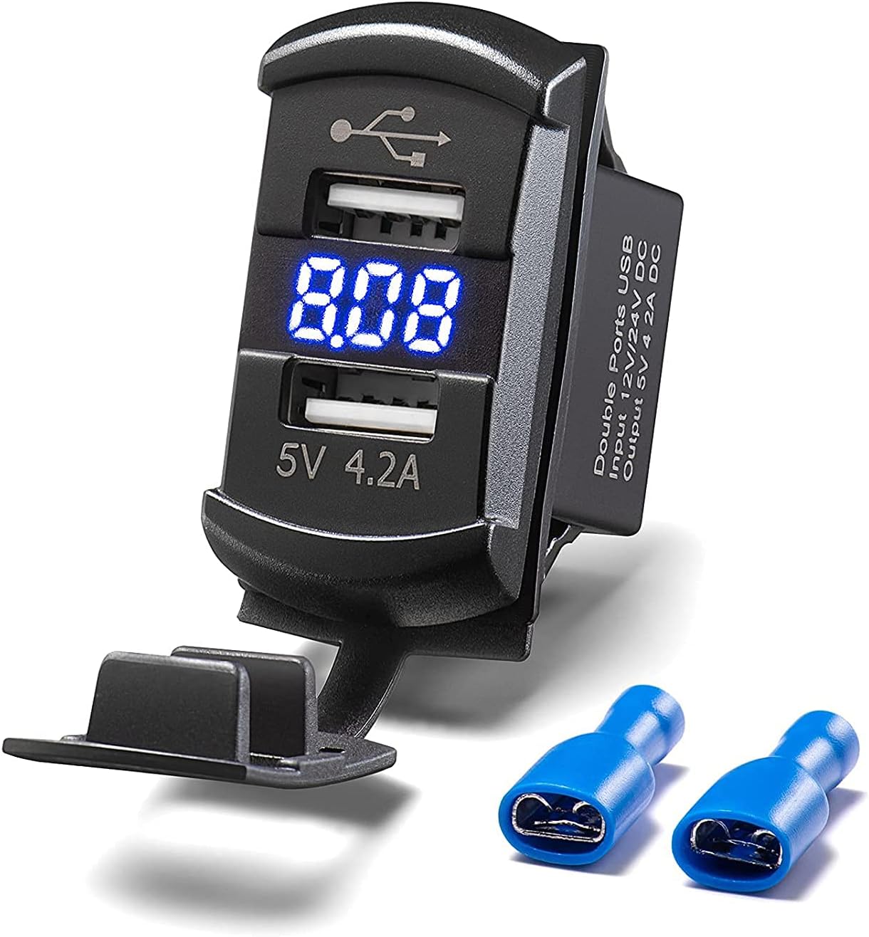 ELECDON Car Charger 4.2A Dual USB Port Socket Rocker Style Adapter Socket and Waterproof Fast Charge Mount with Blue Led Digital Voltmeter for Rocker Marine Switch Panel on Boat RV Vehicle ect