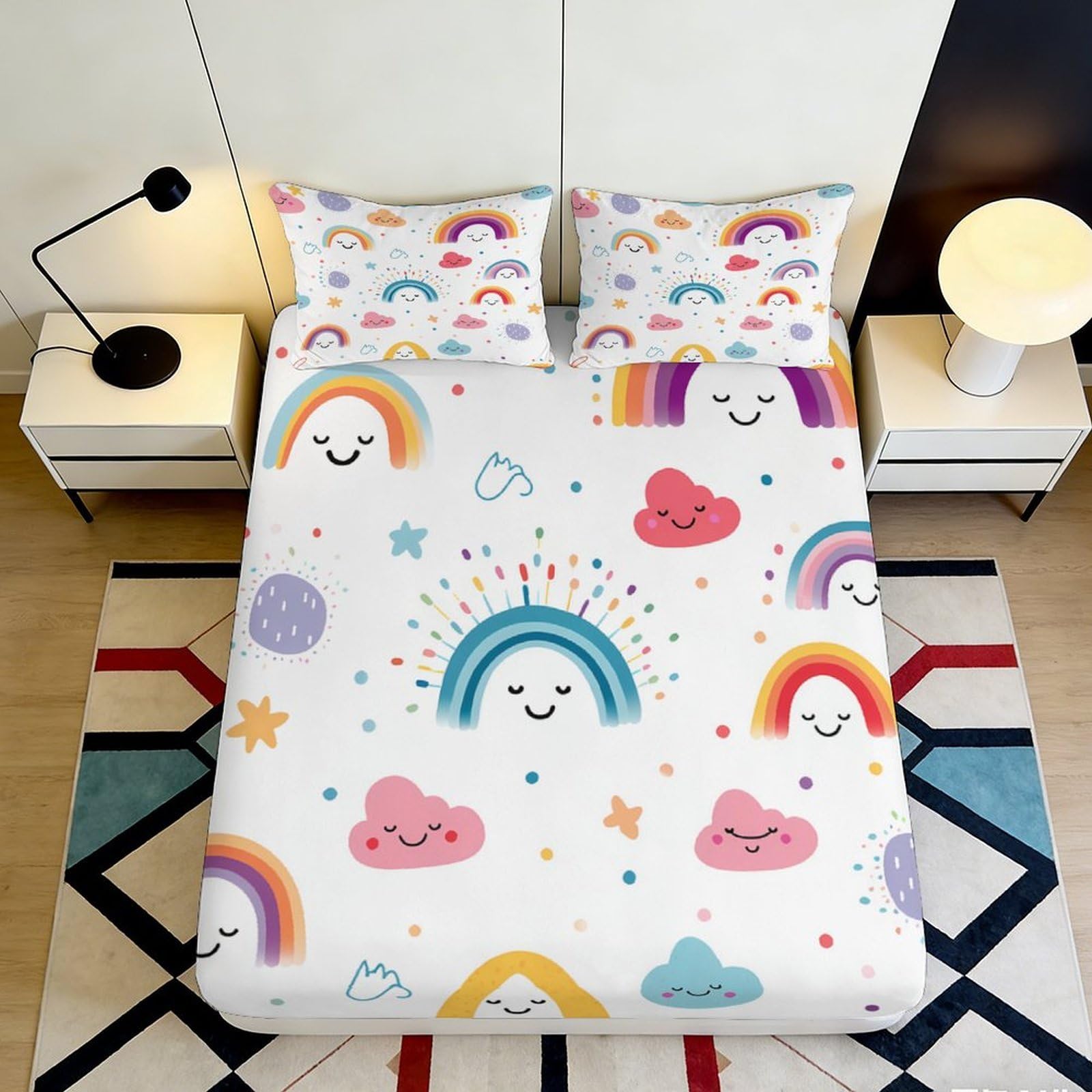 3D Printed Rainbow Cloud Fitted Sheet Microfiber Soft Pastel Cartoon Mattress Cover for Bedroom Guest Room Decor 180x200x25cm