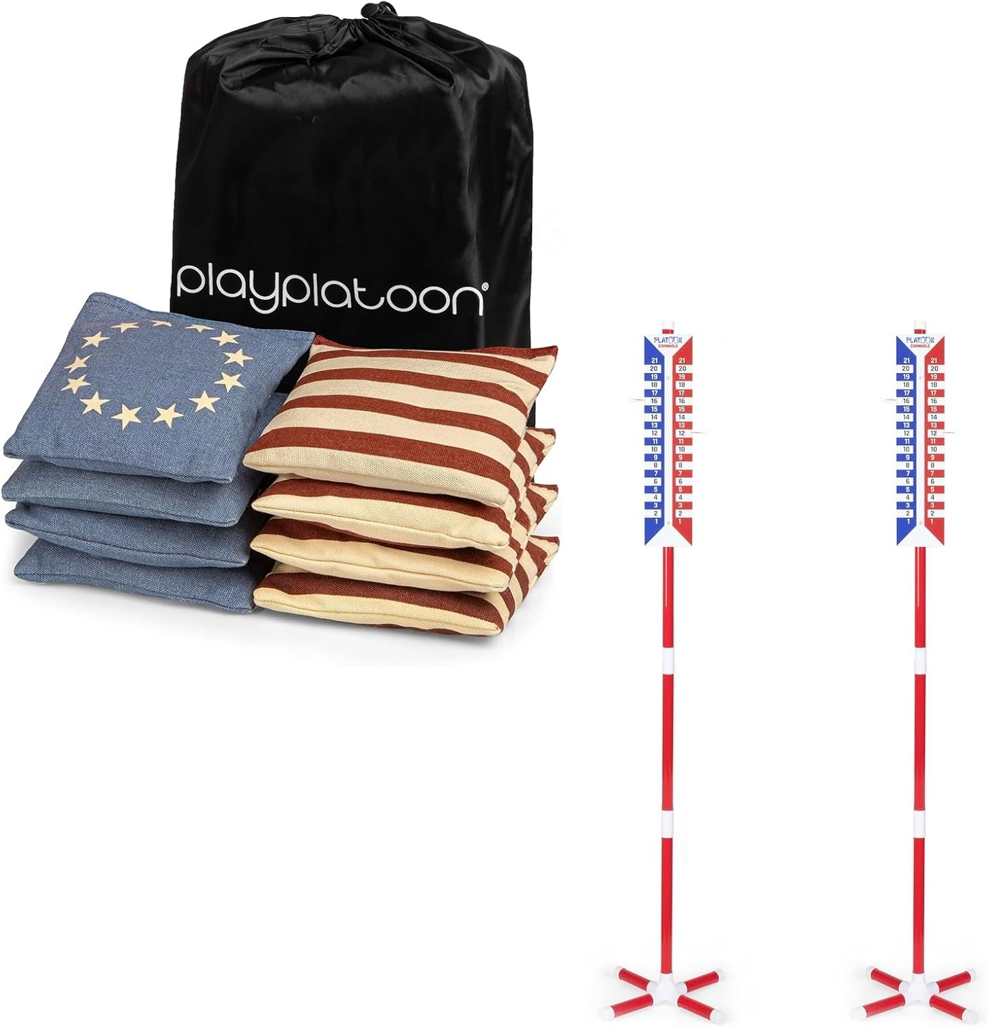 Play Platoon Set of 8 Betsy Ross 13 Star All Weather Cornhole Bags & Vertical Scoreboard