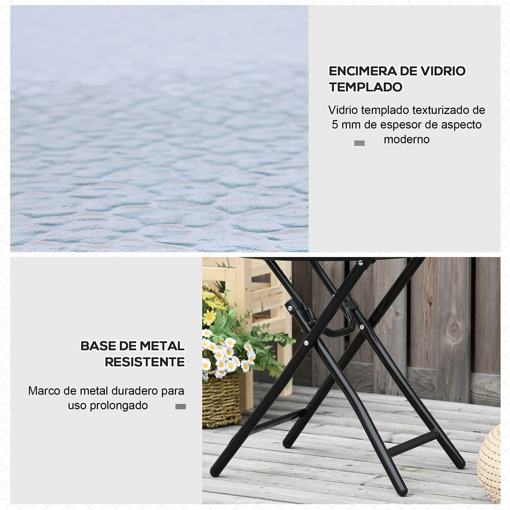 Outsunny Mesa de Vidrio Redonda Plegable Mesa de Jardín con Hebilla de Seguridad Borde Cubierto de Metal Patio Interior y Exterior Ø45x50 cm Negro