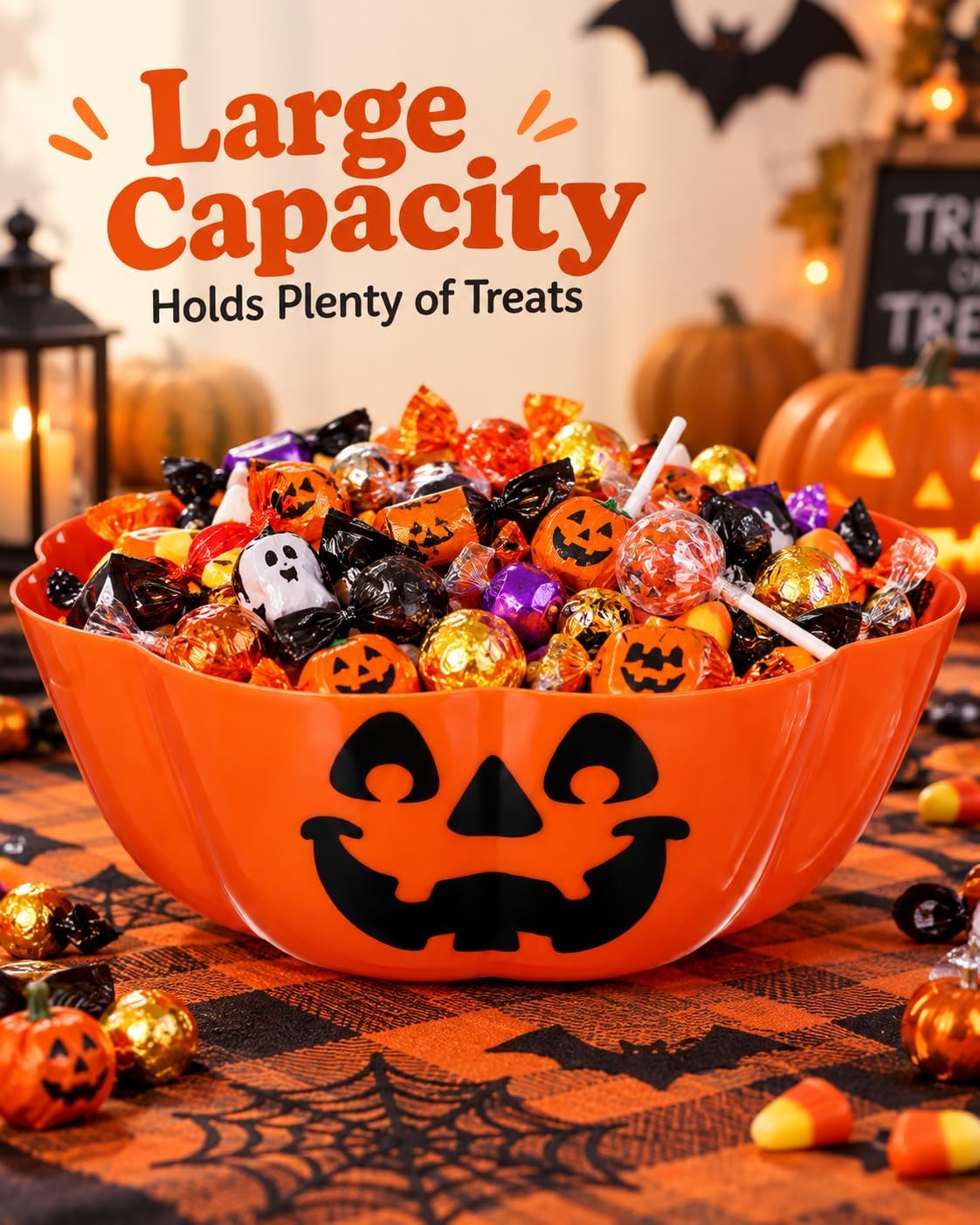 Baluue Halloween Candy Bowl 11.6 Inch Large Plastic Trick Treat Candy Bowls with Bat Ghost Jack-O-Lantern Orange Treats Serving Trays for Halloween Parties Supplies