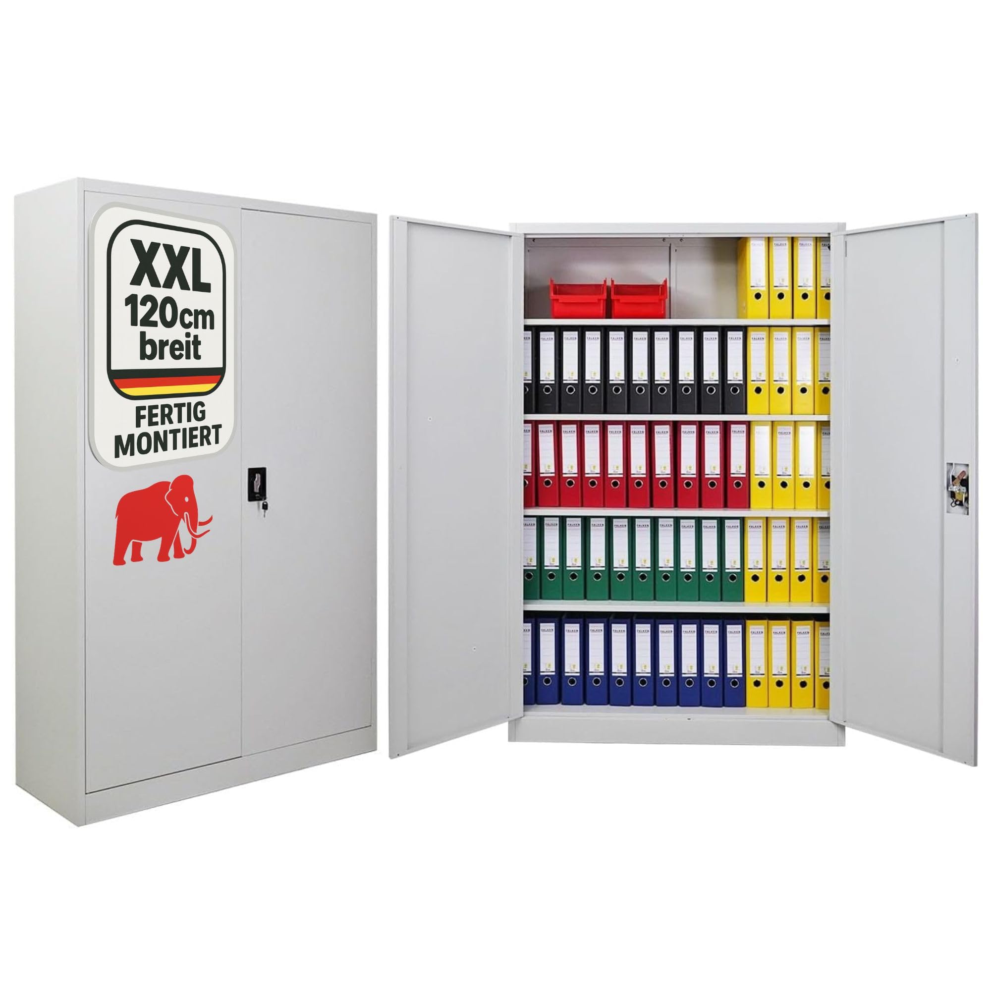 PROREGAL Armoire à Portes battantes Elephant entièrement monté classeur métallique verrouillable 2 Portes 180x120x40cm 4 Niveaux en Acier Gris Clair