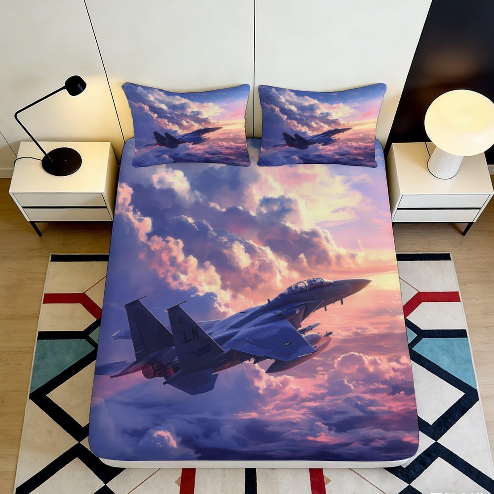 3D Printed Sunset Sky Fitted Sheet Microfiber Fighter Jet Bed Cover for Bedroom Dorm Mattress Protection Decor 90x200x25cm