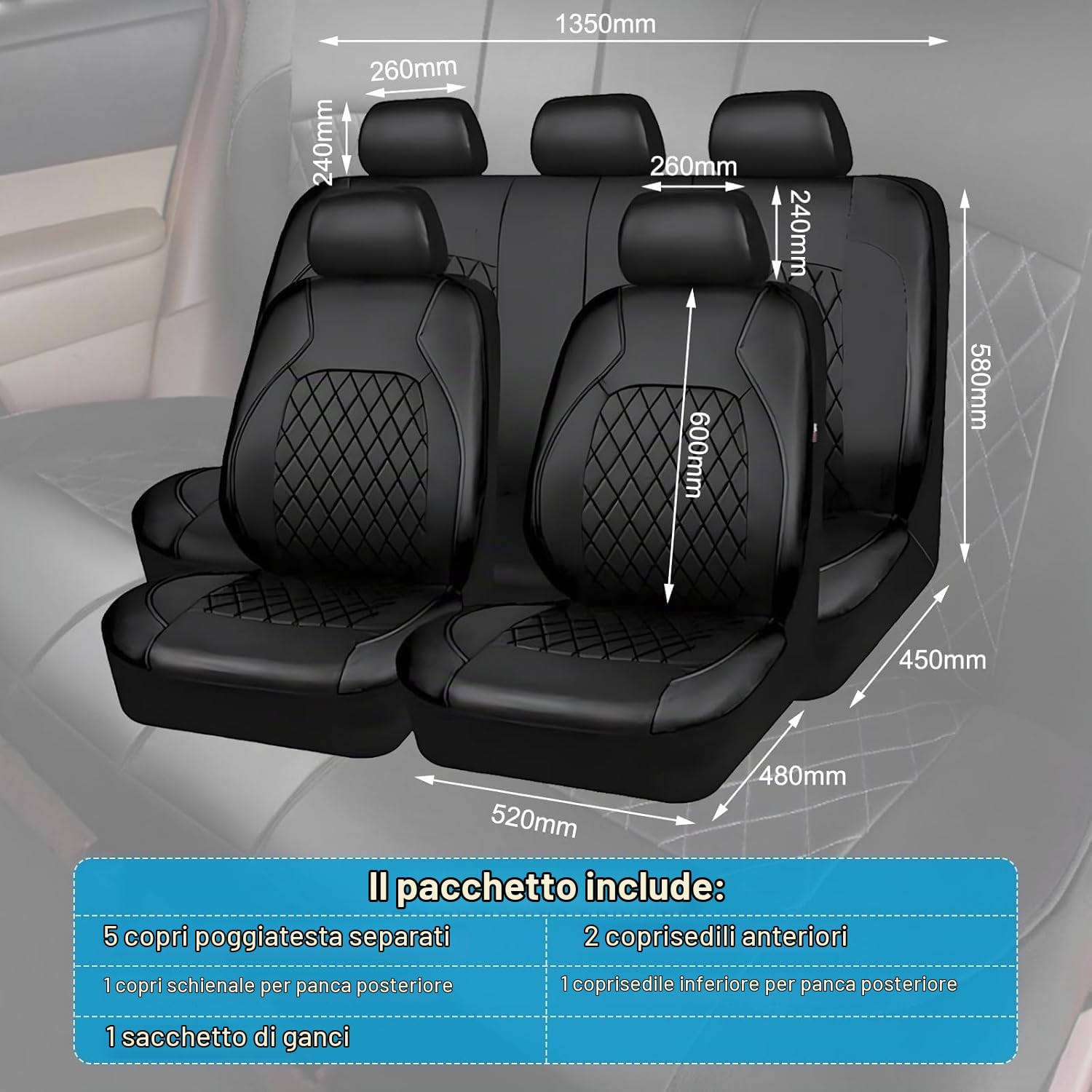 Coprisedili Auto per Peugeot 308 SW P5 T9 2014-2023, Auto A 5 Posti Coprisedile Auto Copri Sedili per Auto Universale, Set da 9 Pezzi Coprisedili Auto Pelle,A/Black