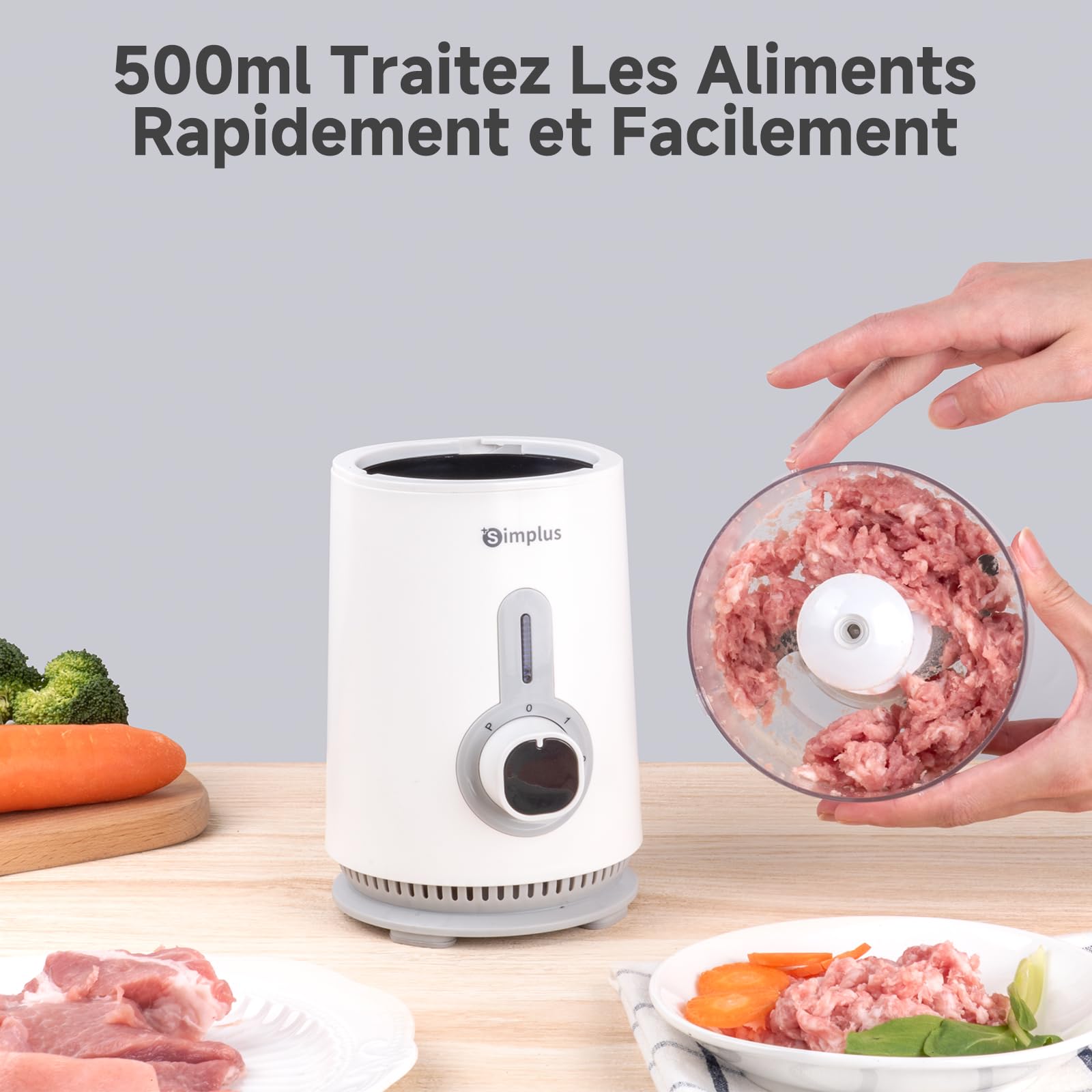 SIMPLUS Blender Mixeur 3 en 1, Robot Culinaire avec Hachoir 500ml, Moulin à Café 300ml, Bol 1.25L, Lames 304, 3 Vitesses, Sécurité, Blanc