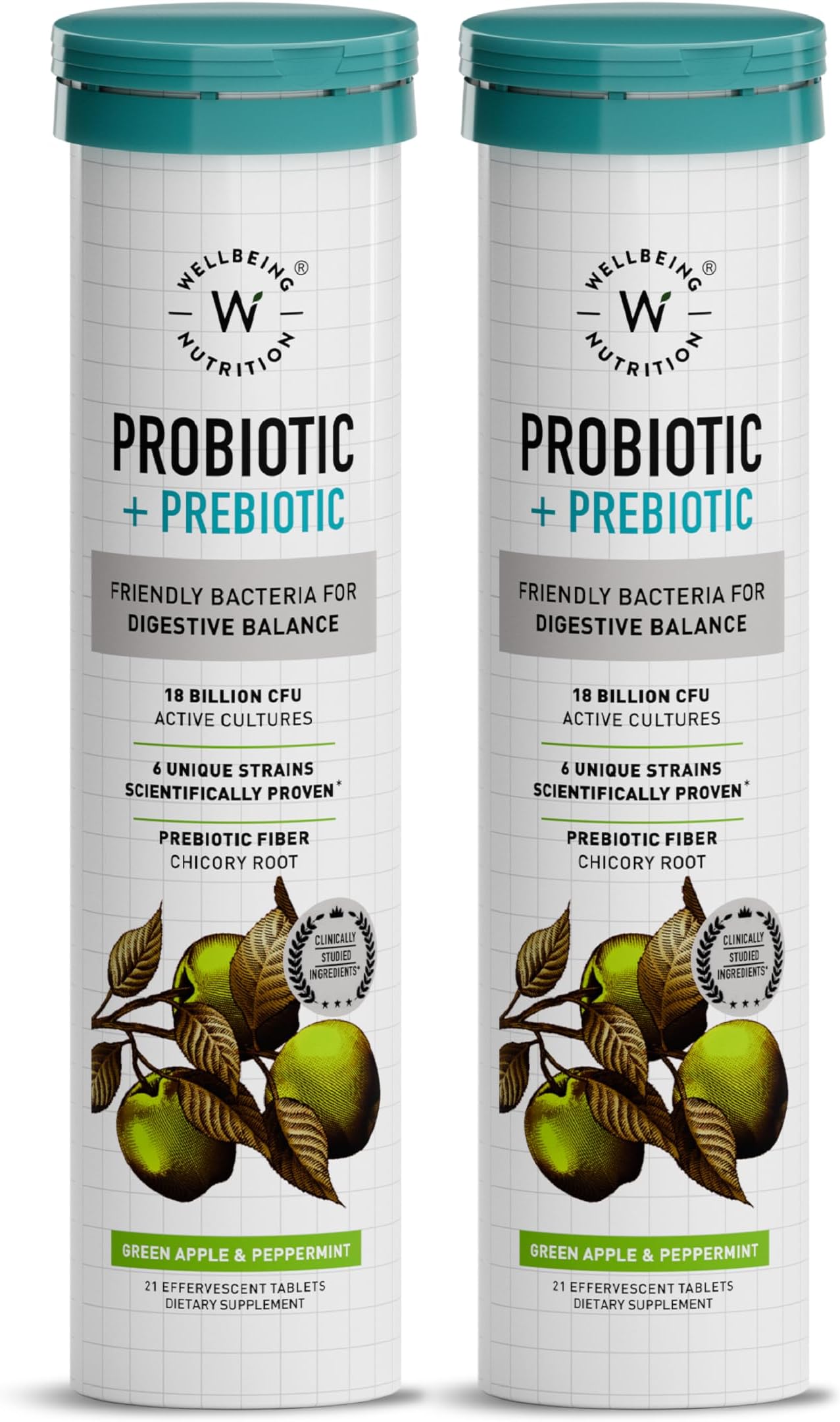 WELLBEING NUTRITION Daily Probiotic + Prebiotic| Plant Based |18 Billion CFU, 6 Strains for Men & Women with Organic Prebiotic Fiber for Digestion, Gut Health, Metabolism | 42 Effervescent Tabs
