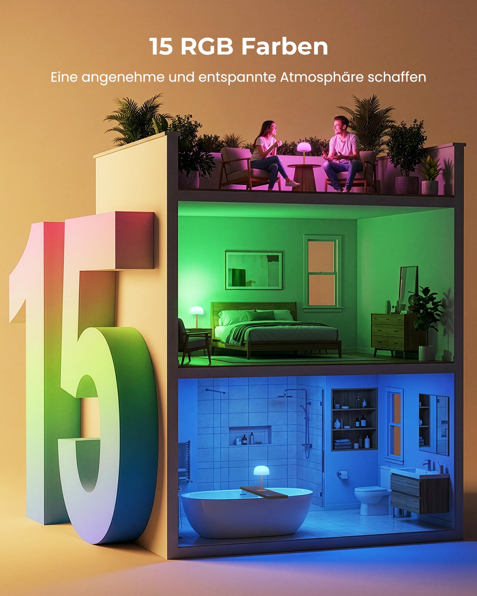 IP65 Wasserdicht Duschlampe, Tischlampe Kabellos Akku 7500 mAh, Touch Nachttischlampe mit Speicherfunktion für Schlafzimmer, Dimmbar 15 RGB Farben, LED Lampe Outdoor, Terrasse, Café, 2p