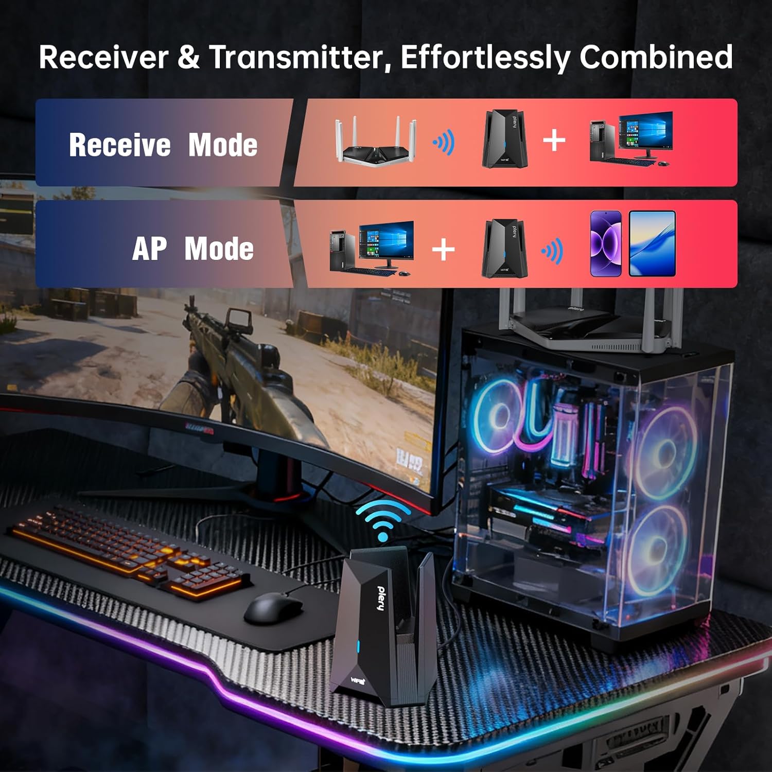 BE6500 USB WiFi 7 Adapter for Gaming 4K Streaming, Tri-Band 6500Mbps Wireless Dongle for Desktop PC with Type-C to USB 3.0, Driver-Free for Home Office & Entertainment, Support Windows 11/10