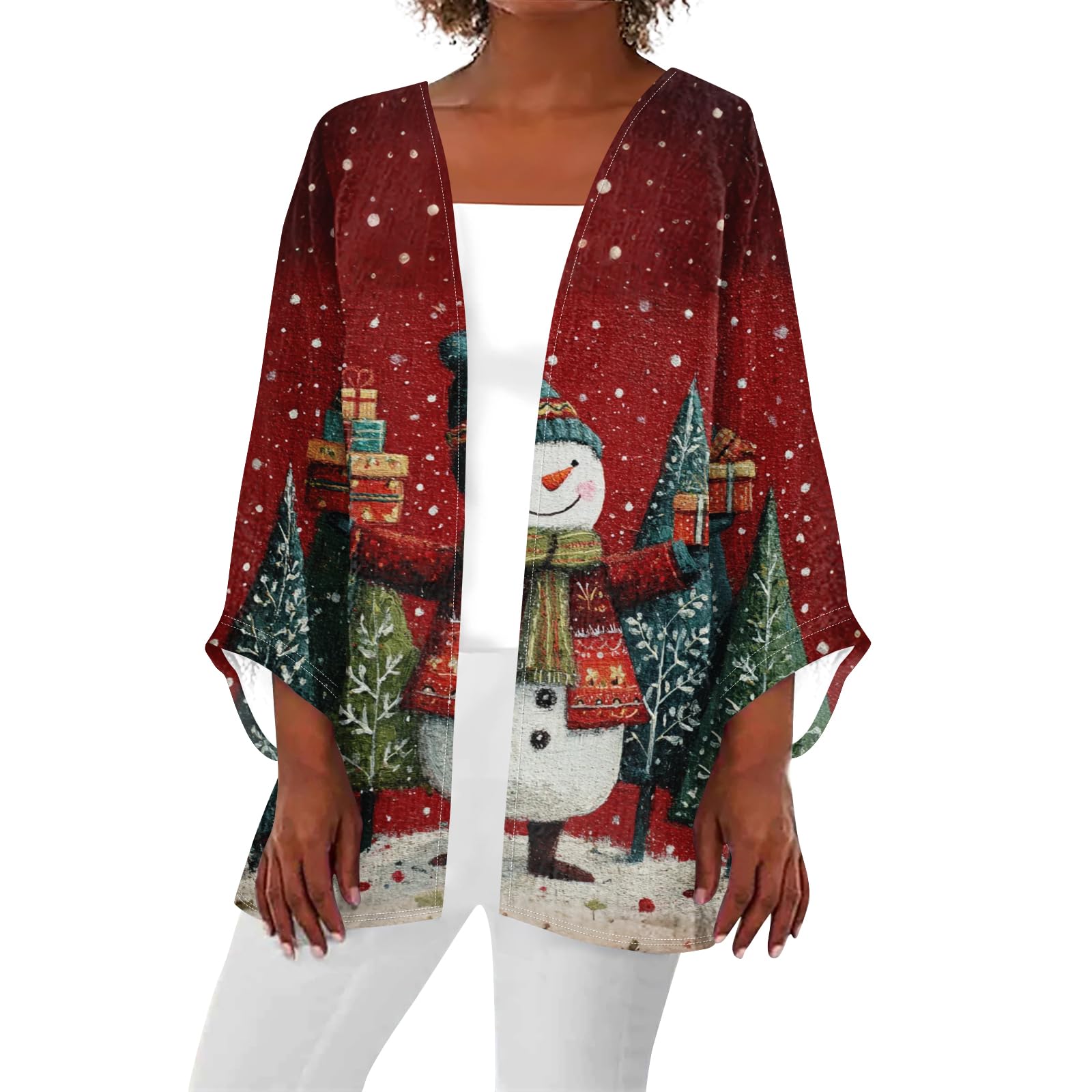 Christmas Cardigans for Women Open Front Christmas Printed Santa Jacket Women Long Sleeve Comfortable Santa Coat