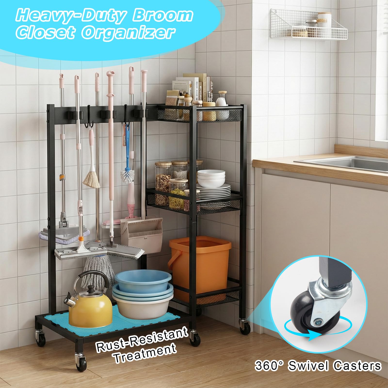 Besenhalter Reinigungswagen Organizer, Mobiler Putzwagen mit 6 Mopp-Aufhängern & 3 Doppelhaken, Haushaltswagen Besen- und Mopphalter fur Haushalt Gewerbe 25.6 × 11.8 × 33.5in