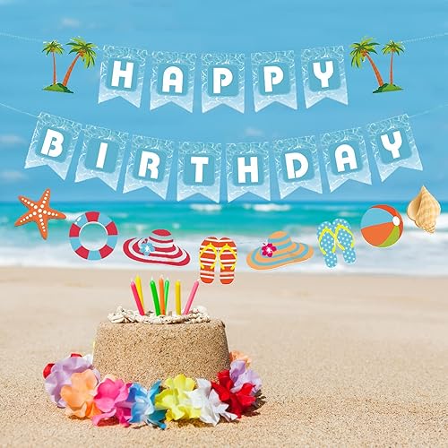 Miniatura 6 de Zwiebeco Decoración de fiesta de feliz cumpleaños junto al mar, letrero azul y blanco, cartel de papel colgante de concha de mar para niños y