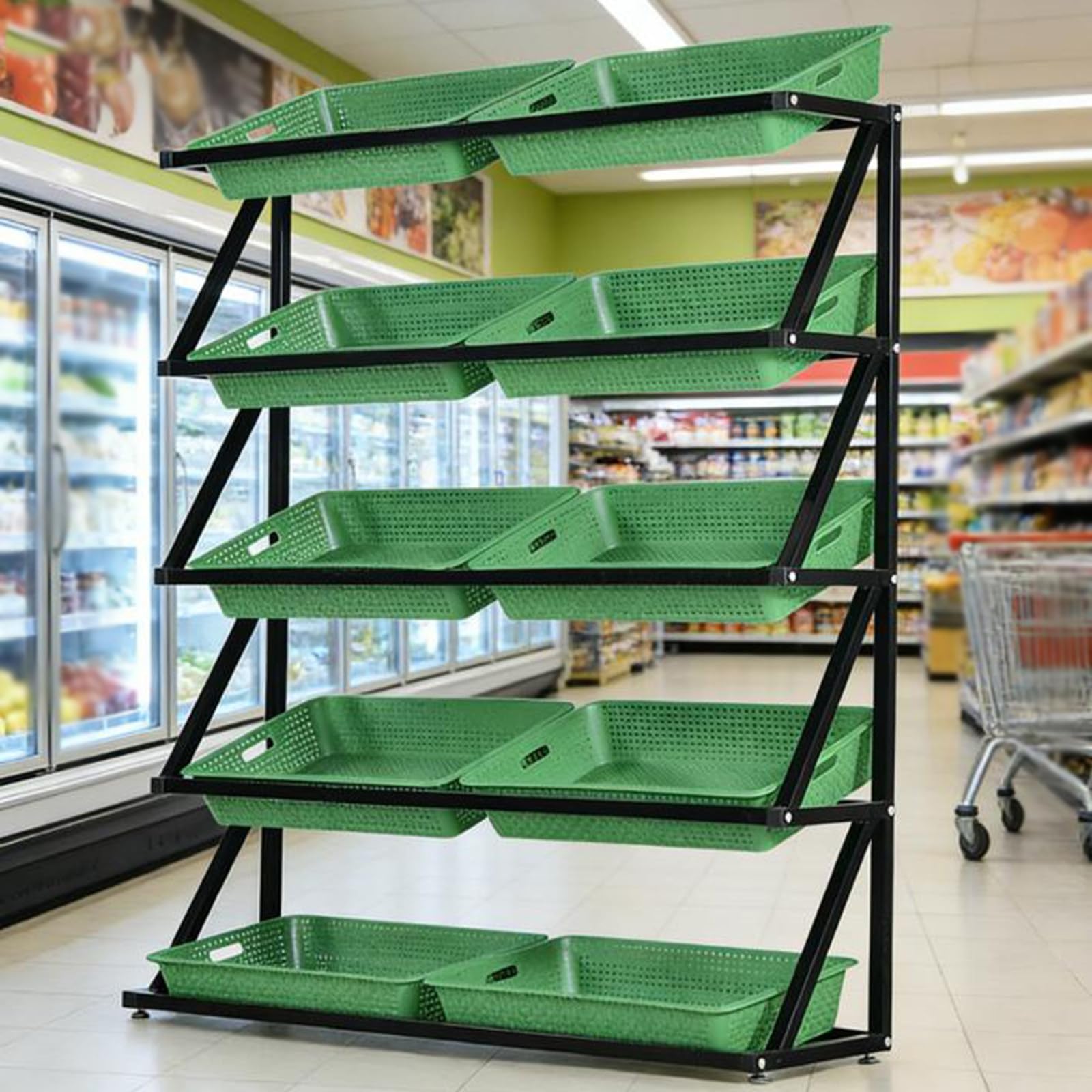 Support De Panier De Fruits Et Légumes à 4/5 Niveaux, étagère De Rangement De Panier De Magasin De Détail, Support De Fruits De Supermarché Commercial, Présentoir De Collations Green-5Tier