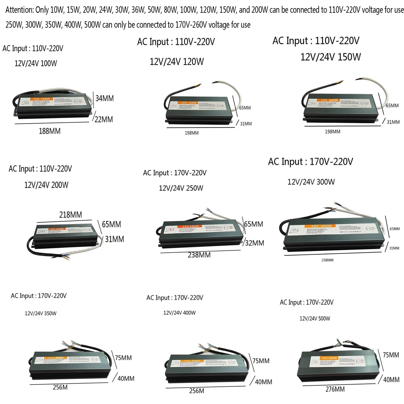 Alimentatore impermeabile IP67 Trasformatore di illuminazione AC110V~220V a DC 12V 24V Driver LED Adattatore for esterni(100W,12V)