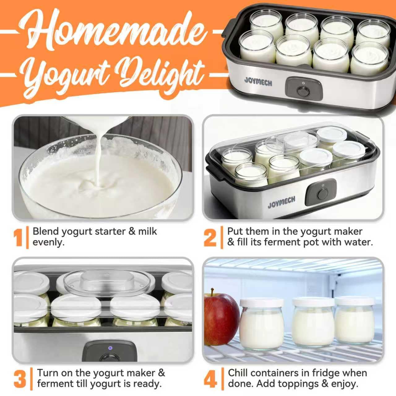 JoyMech Máquina para hacer yogurt, 8 tarros de vidrio con tapas reutilizables para yogur, avena, pudín o gelatina, marcial de grado alimenticio, control de un solo toque, yogur casero
